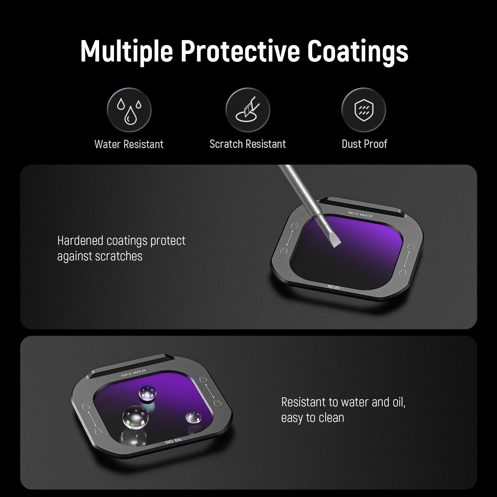 Multiple protective coatings resist water, dust, oil, and fingerprints while minimizing unwanted reflections
