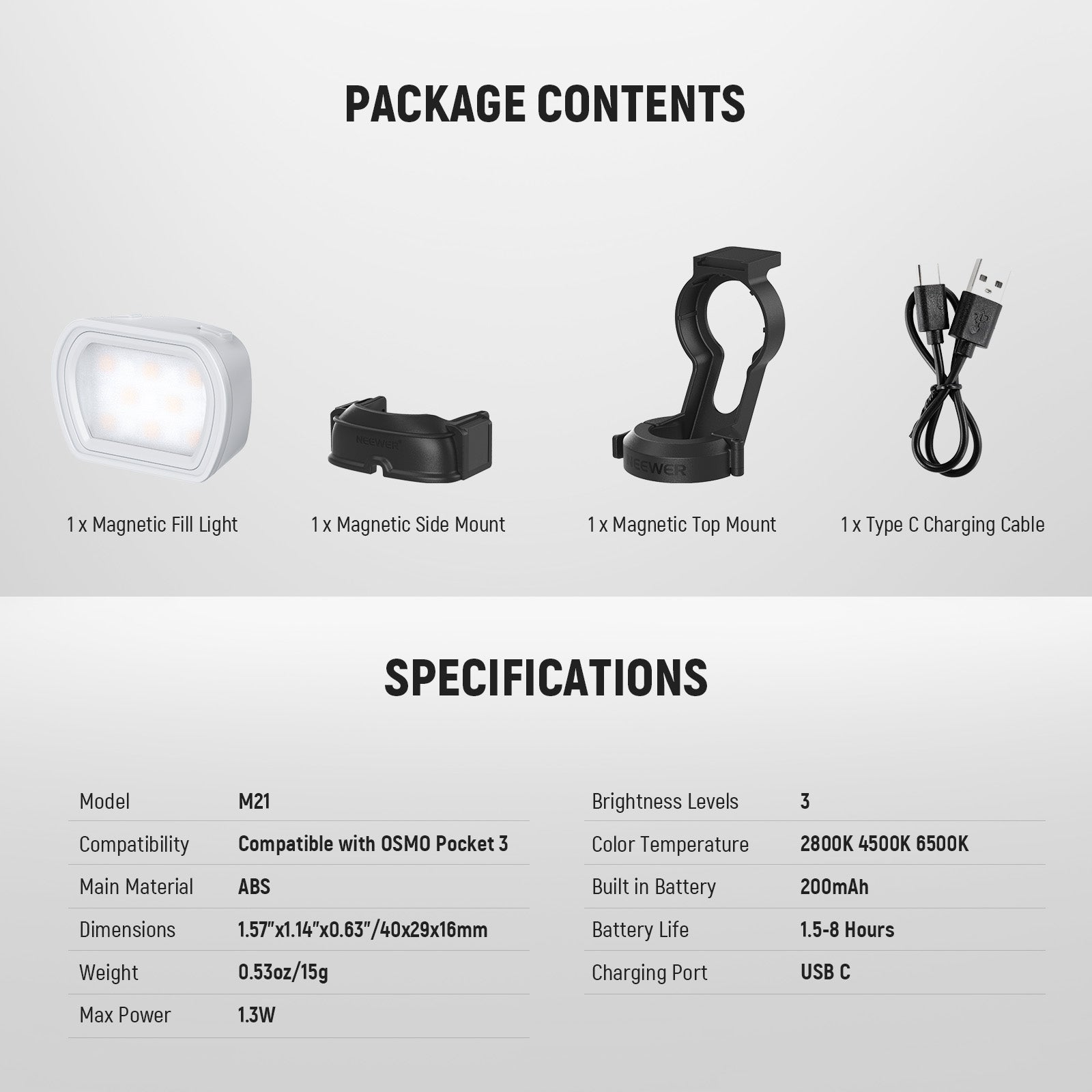 Package Contents of the NEEWER M21 Magnetic LED Fill Light For OSMO Pocket 3