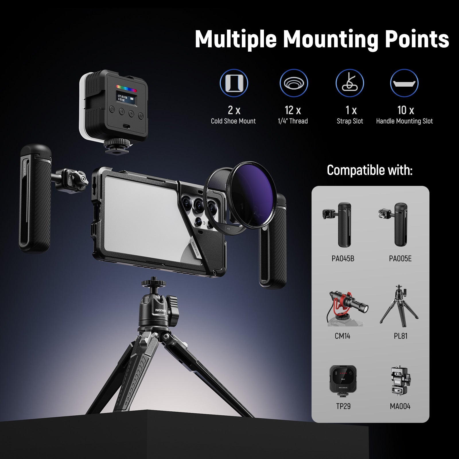 NEEWER PA082 Phone Cage For SAMSUNG S25 Ultra offers multiple mounting points.