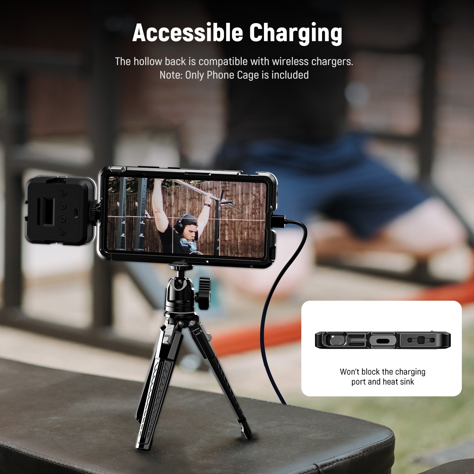 NEEWER PA082 Phone Cage For SAMSUNG S25 Ultra features a hollow back, which is compatible with wireless chargers.