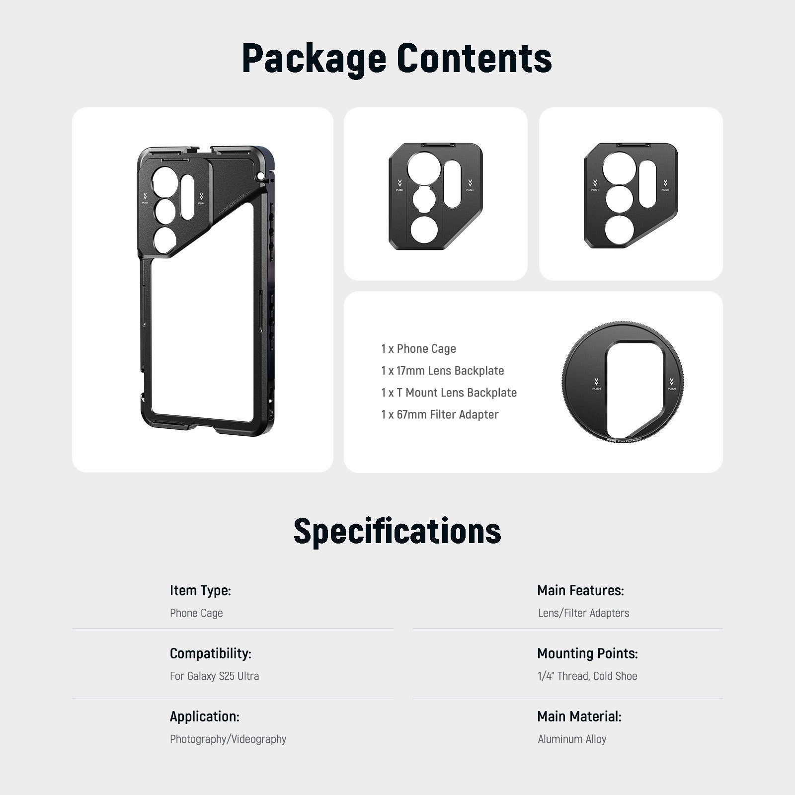 Specifications of the NEEWER PA082 Phone Cage For SAMSUNG S25 Ultra