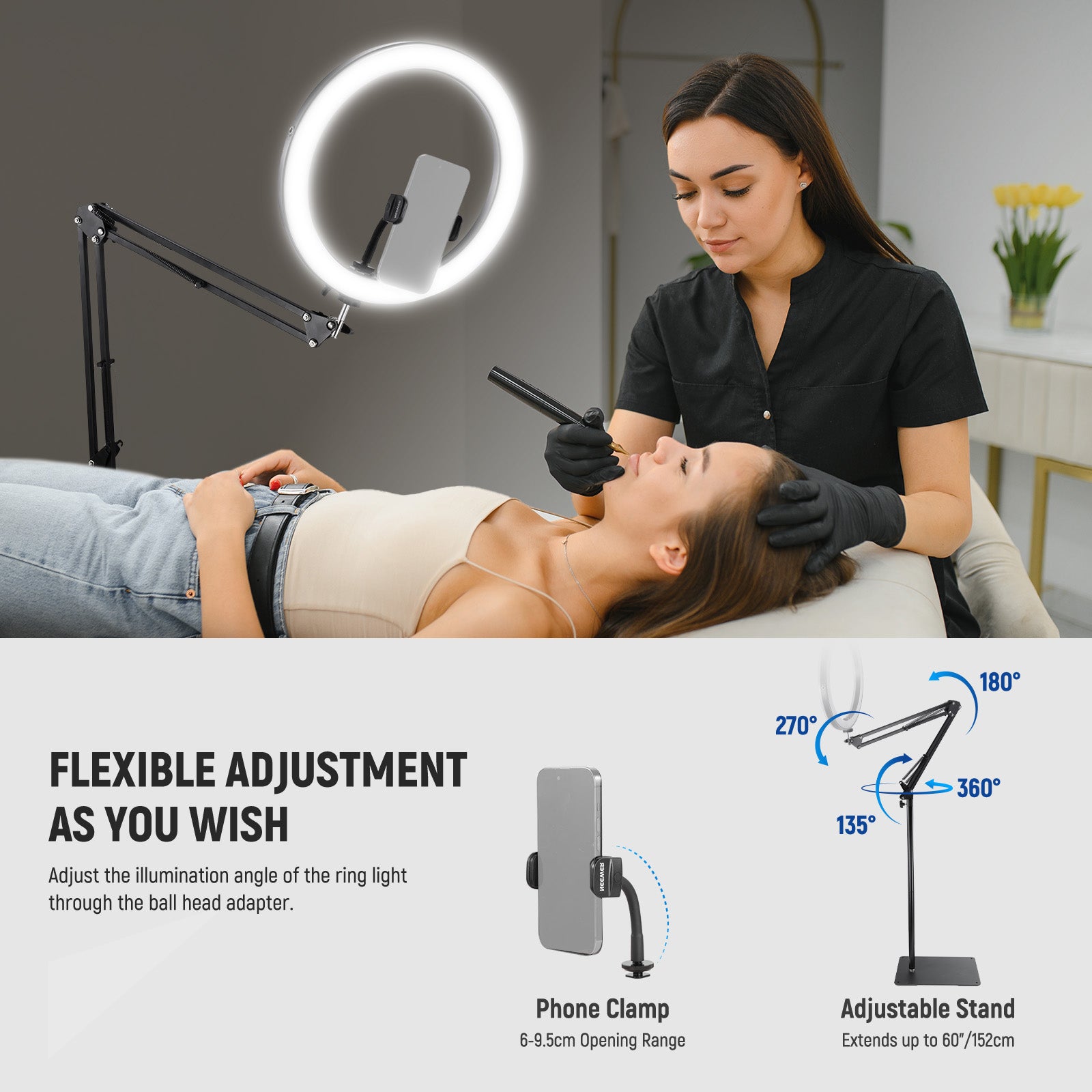 Adjust the illumination angle of the ring light through the ball head adapter