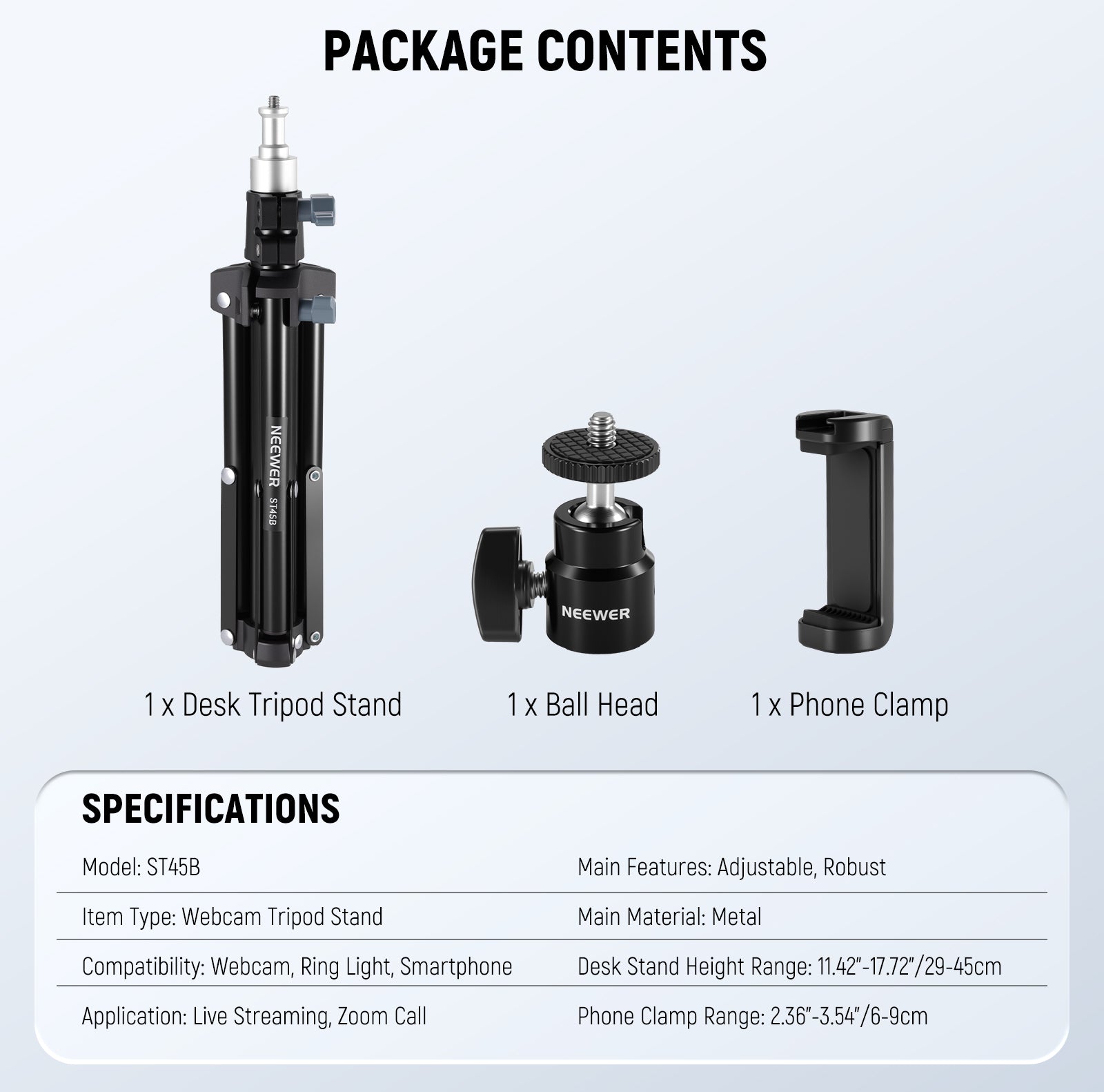 Package Contents of the NEEWER ST45B Adjustable Desktop Tripod Stand