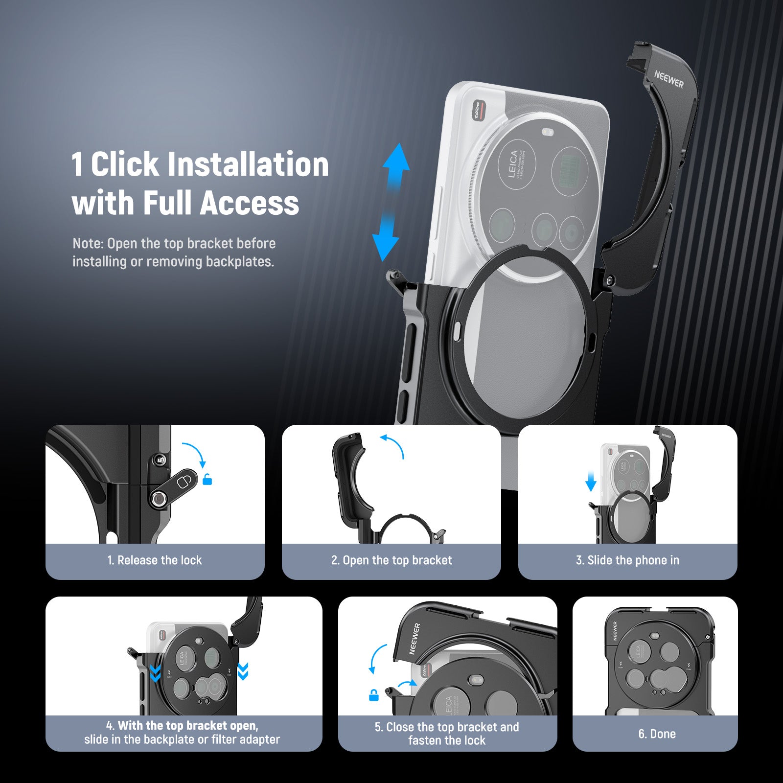 This integrated phone stabilizer cage offers full access to the camera, buttons, and charging port.