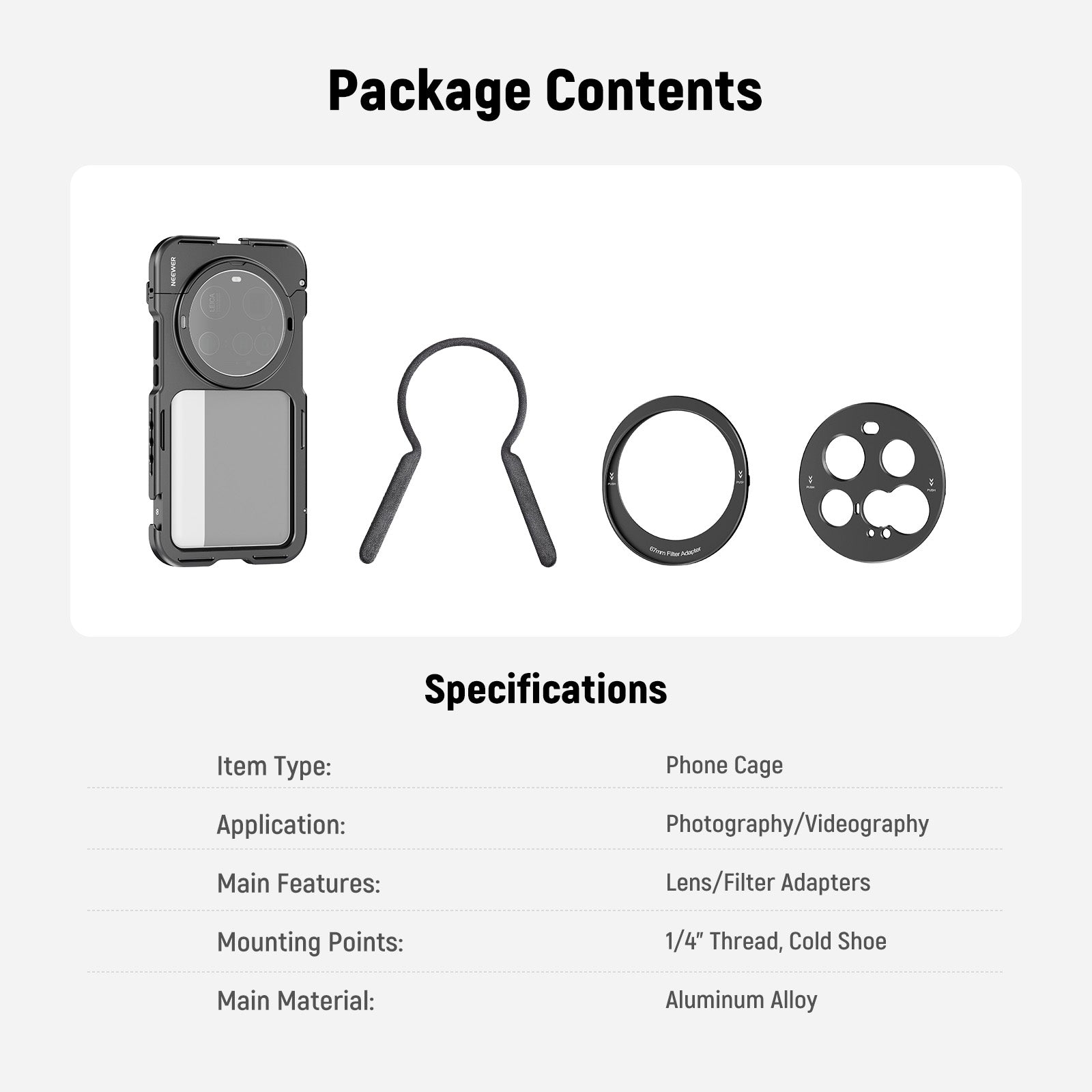 Package Contents of the NEEWER PA091 Phone Cage Kit for Xiaomi 15 Ultra