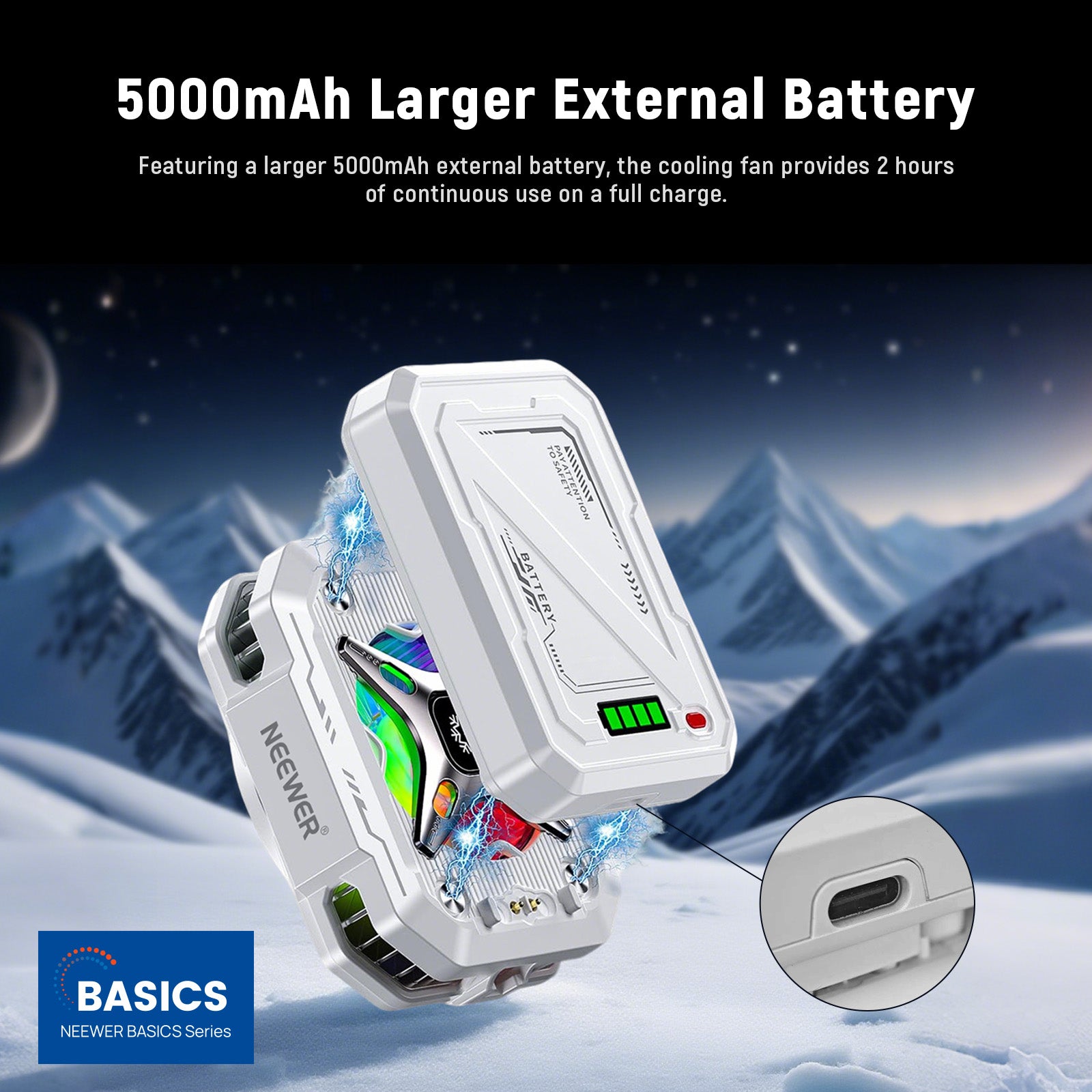 Featuring a larger 5000mAh external battery, the cooling fan provides 2 hours of continuous use on a full charge to keep phone cool.