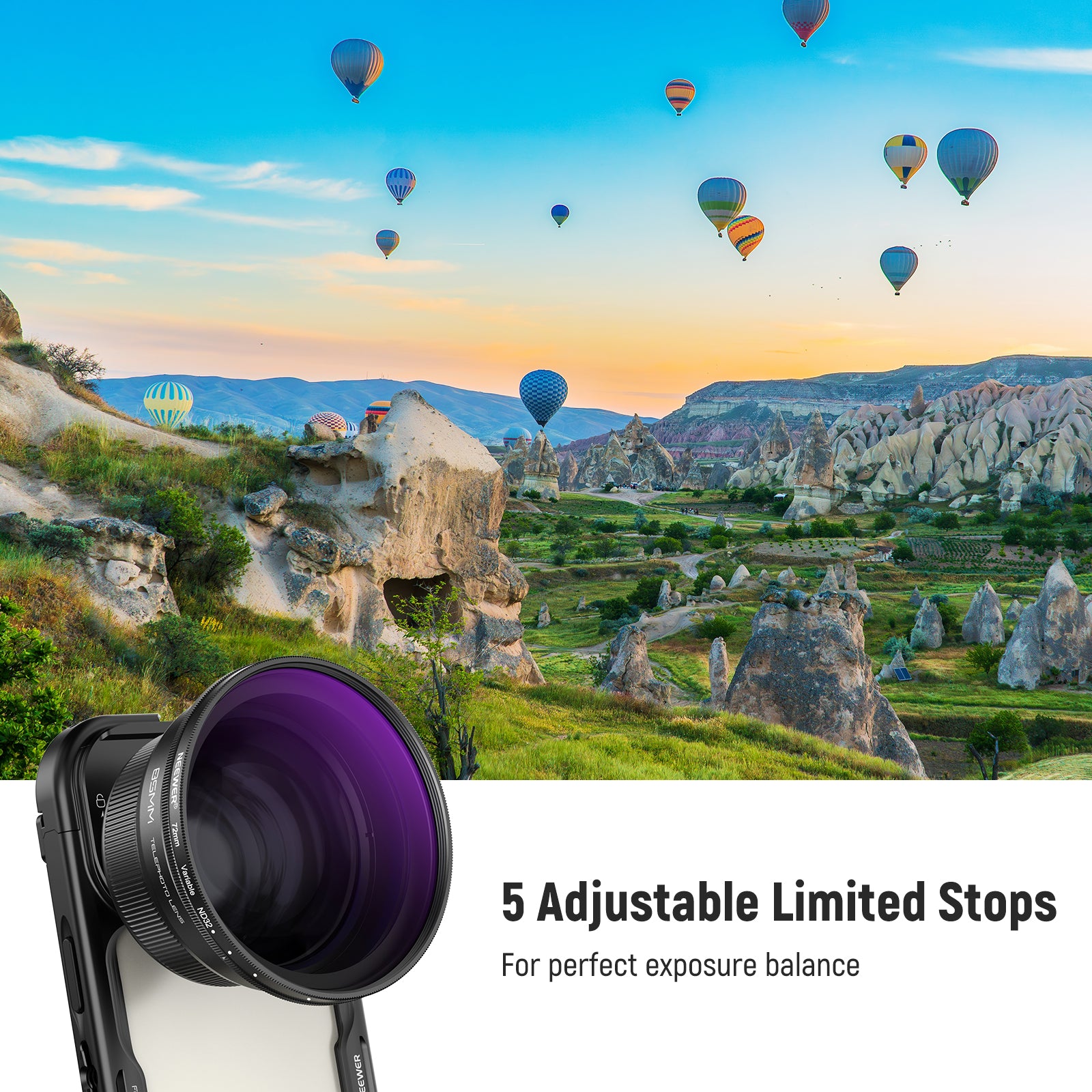 This NEEWER 72mm Variable ND2-32 Filter offers perfect exposure balance.