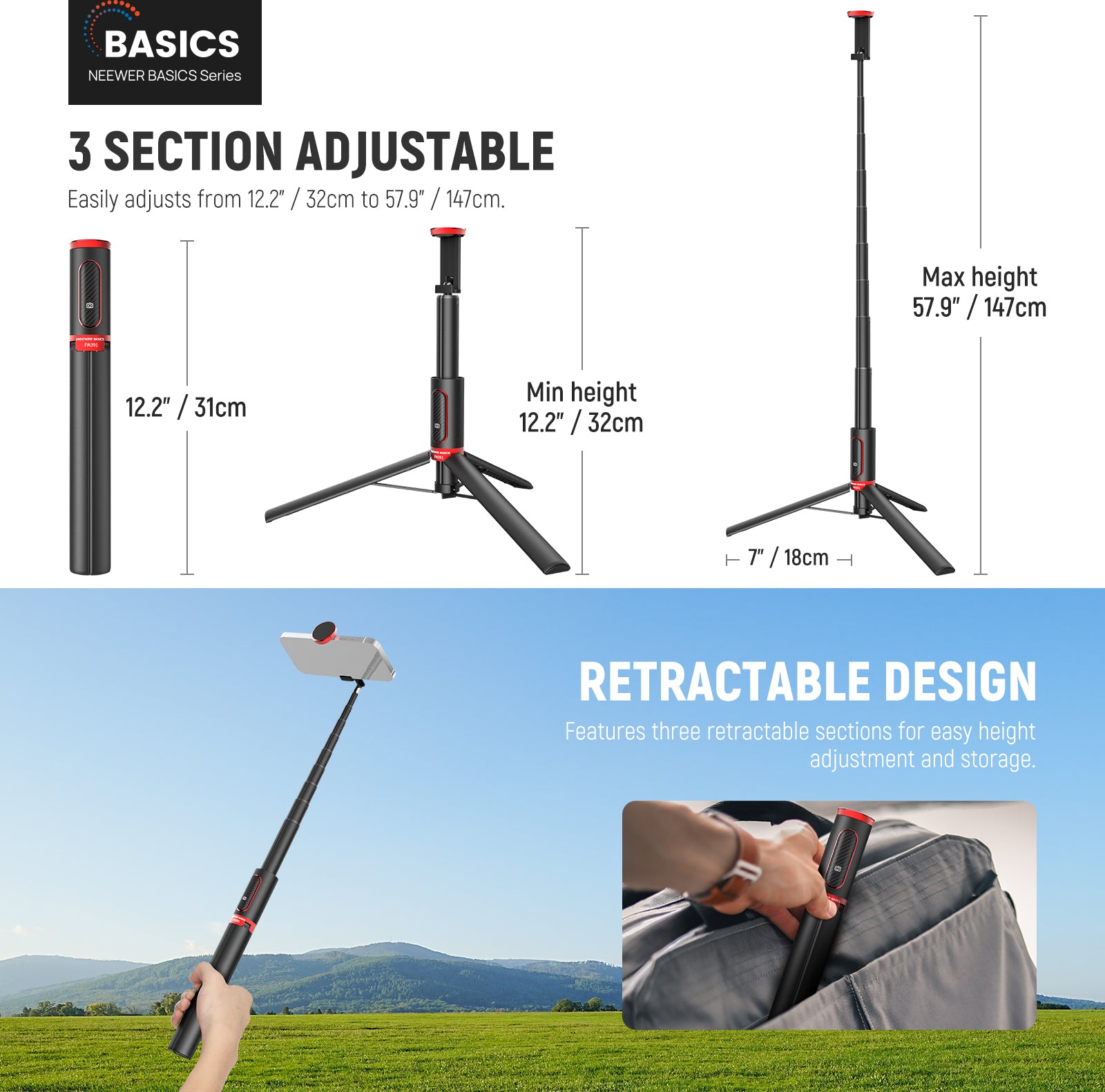 NEEWER PA991 Selfie Stick Tripod is easily adjusted from 32cm to 147cm