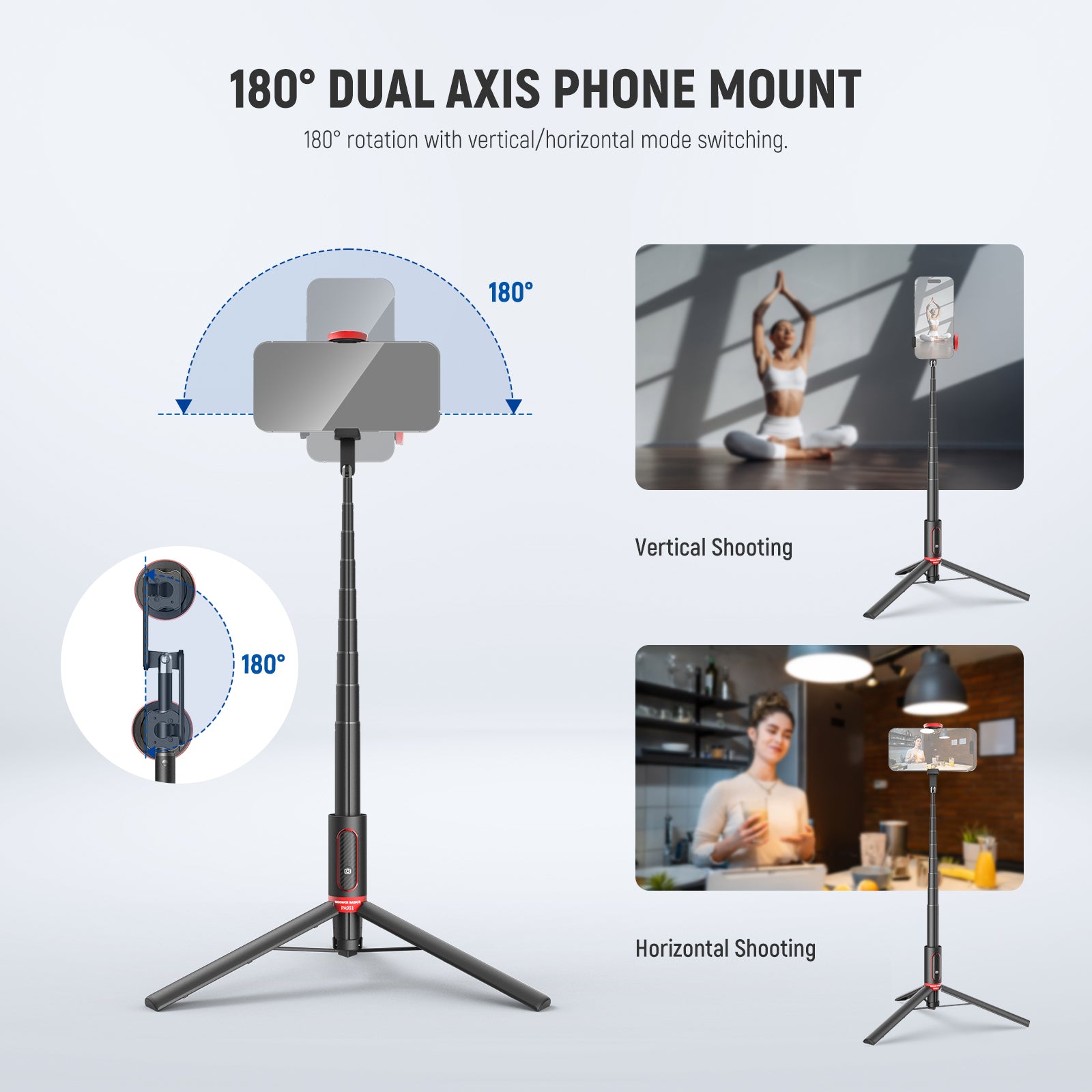 NEEWER PA991 Selfie Stick Tripod allows for 180° back and forth