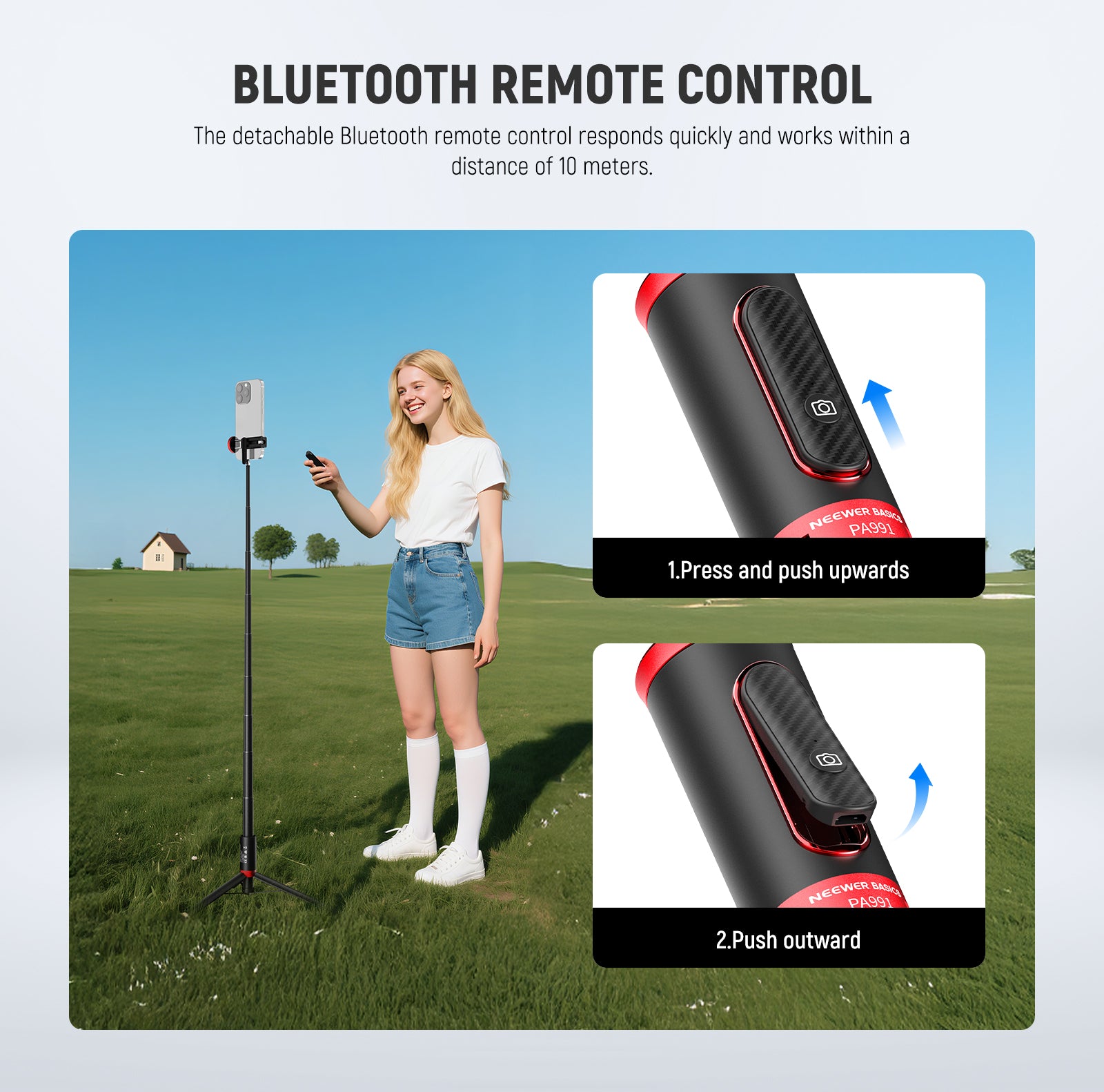 NEEWER PA991 Selfie Stick Tripod can be controlled by the Bluetooth remote