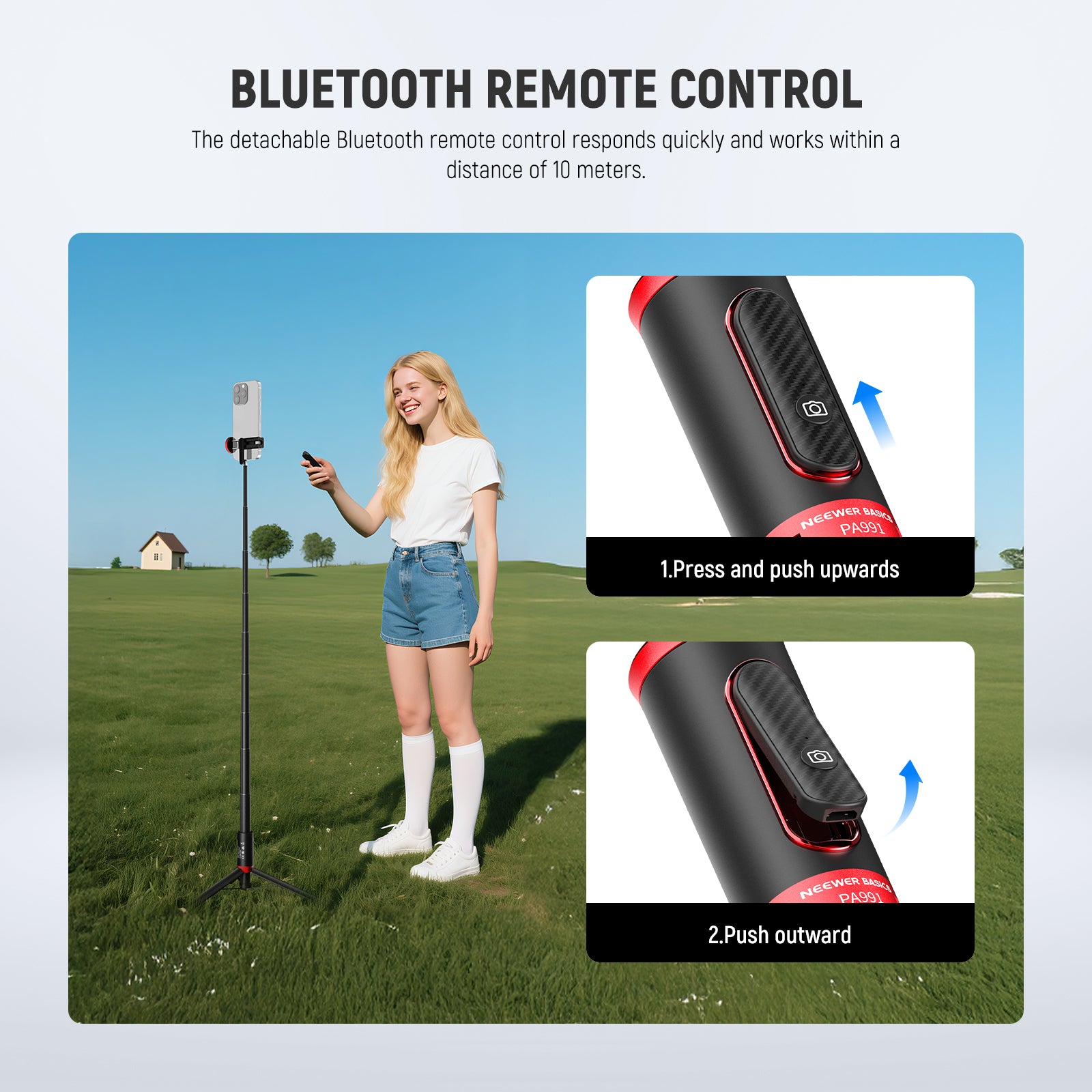 NEEWER PA991 Selfie Stick Tripod can be controlled by the Bluetooth remote