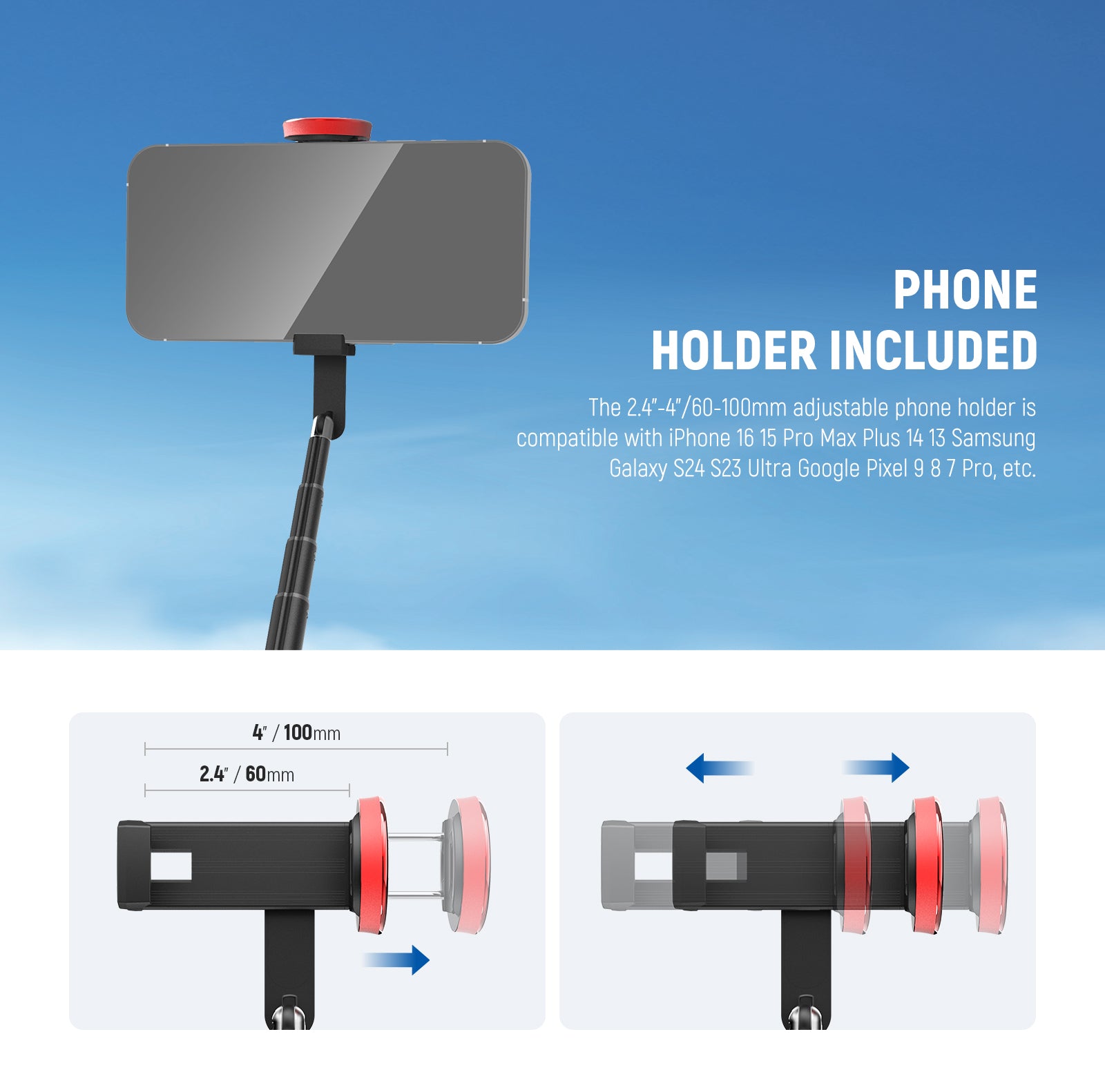 This mini tripod kit includes a phone holder.