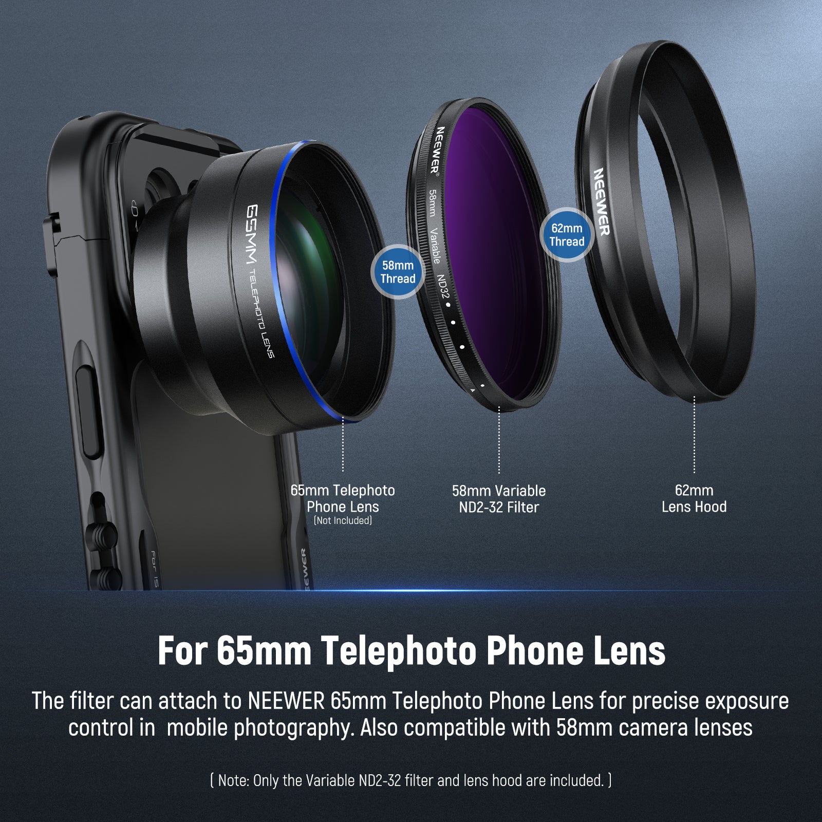 NEEWER 58mm Variable ND2-32 Filter for 65mm Telephoto Phone Lens
