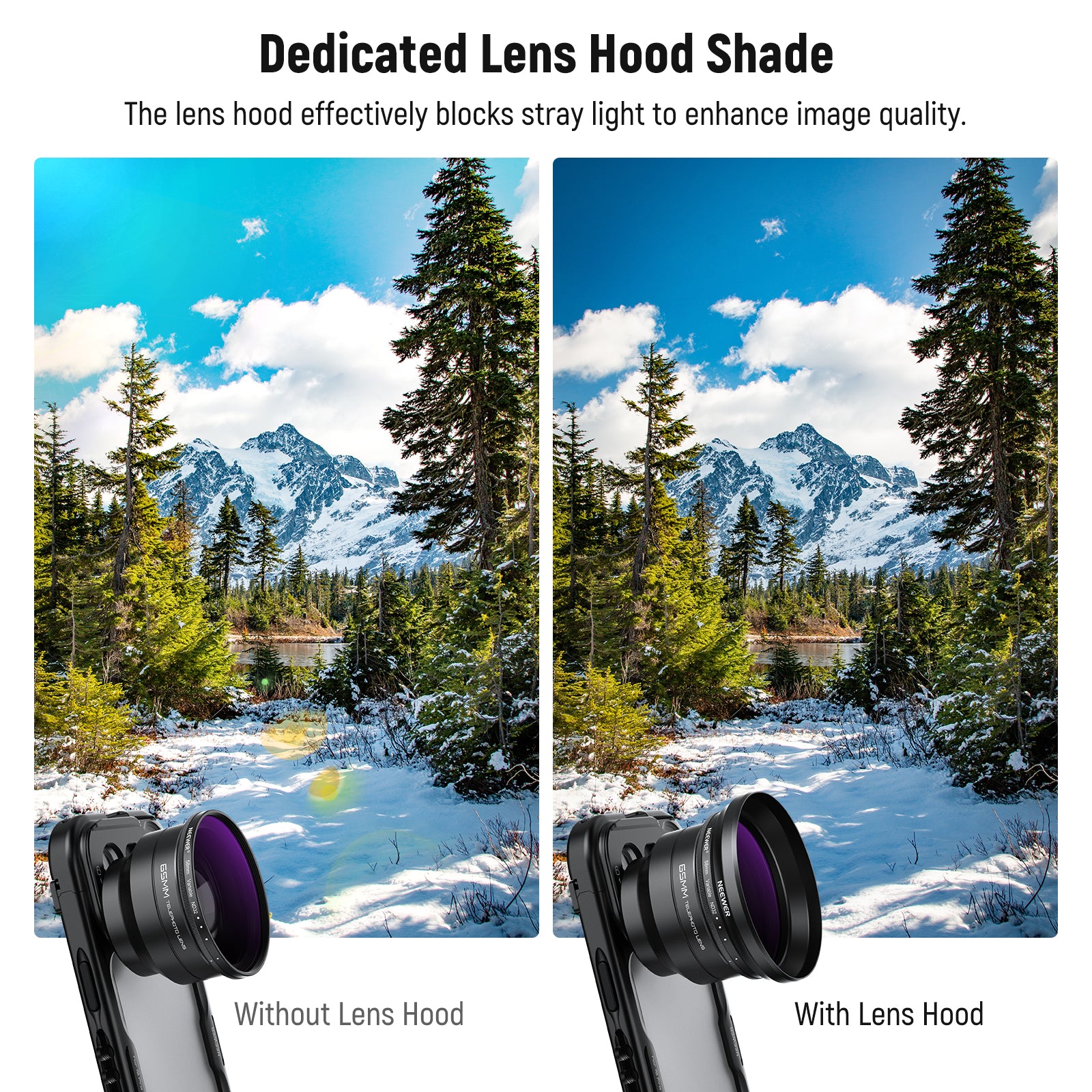 The lens hood effectively blocks stray light to enhance image quality.