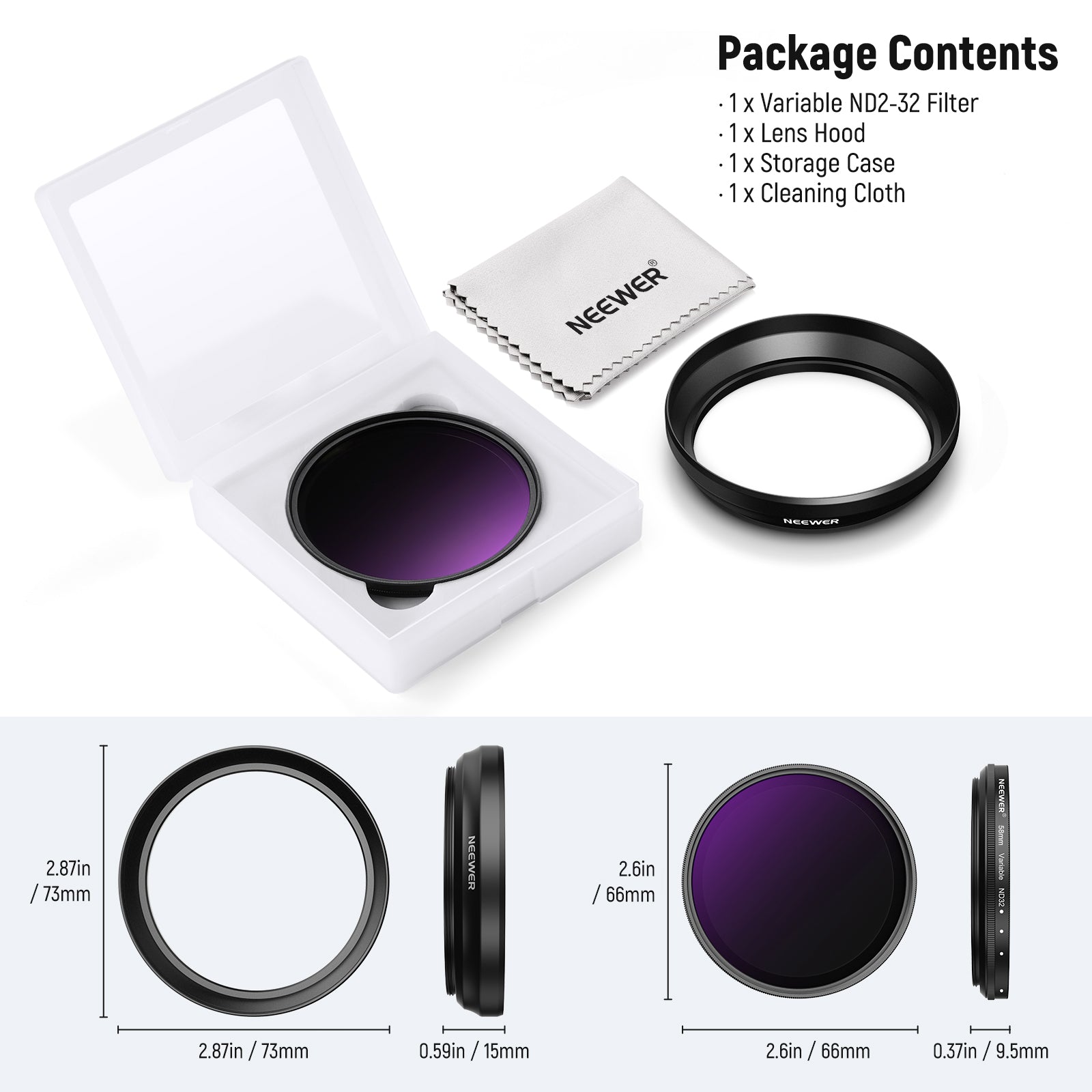 Package Contents of the NEEWER 58mm Variable ND2-32 Filter with 62mm Lens Hood Kit