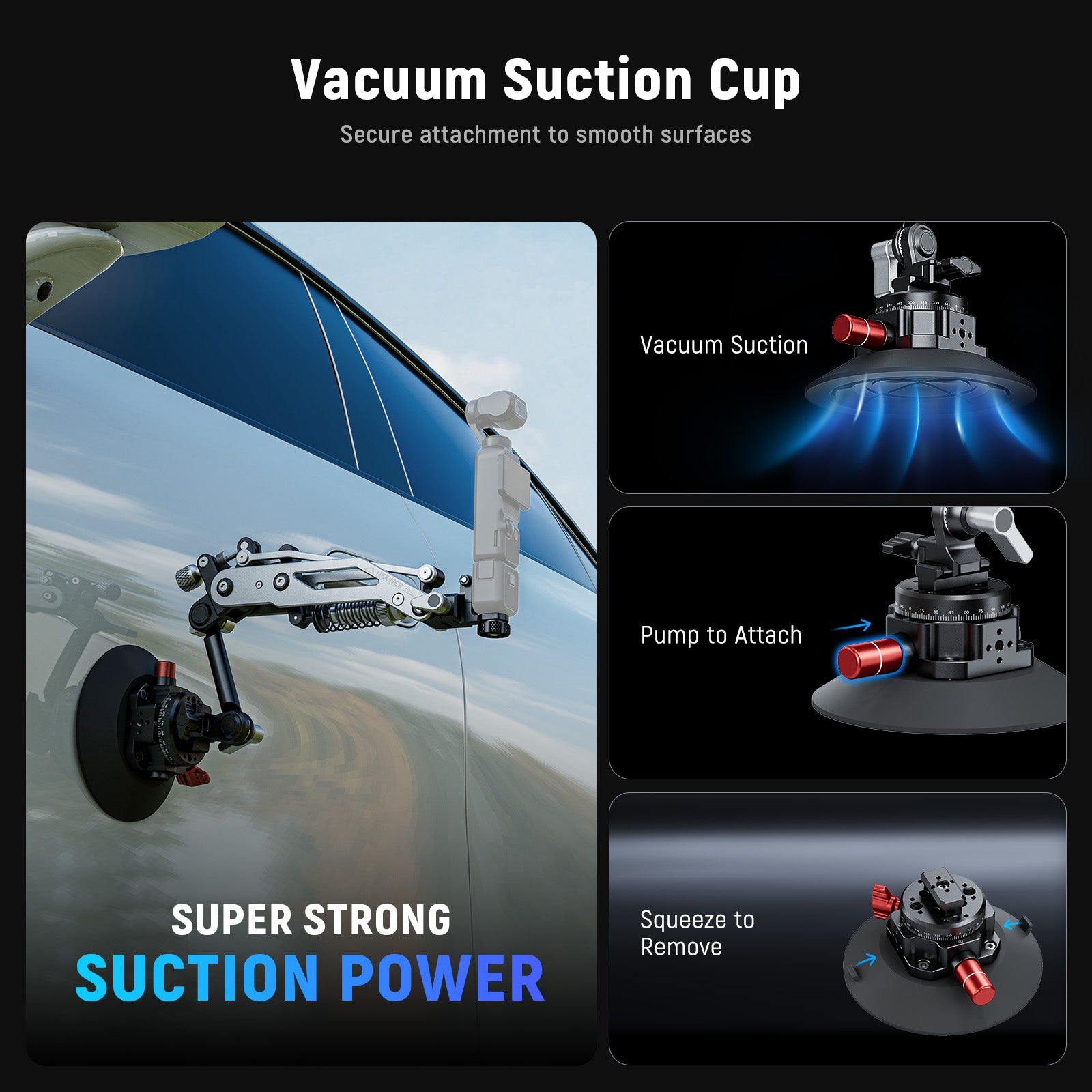 The suction cup with vacuum pump ensures a secure attachment to smooth surfaces