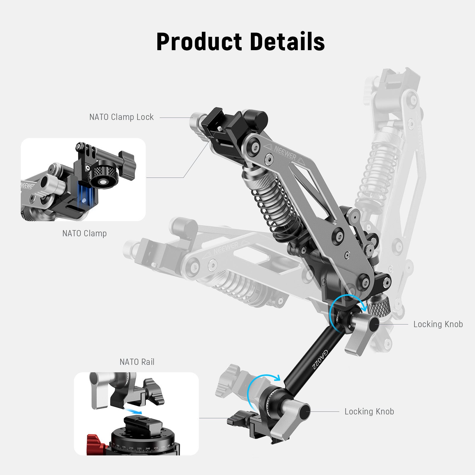 Product details of the NEEWER GA022 Hydraulic Boom Arm Suction Cup