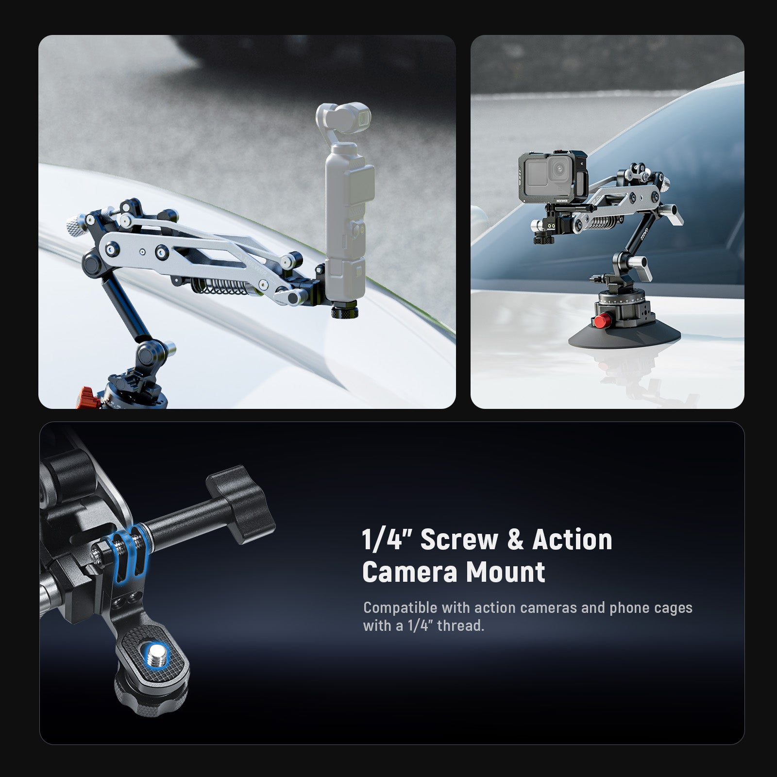 This action camera holder for video recording is compatible with a variety of accessories
