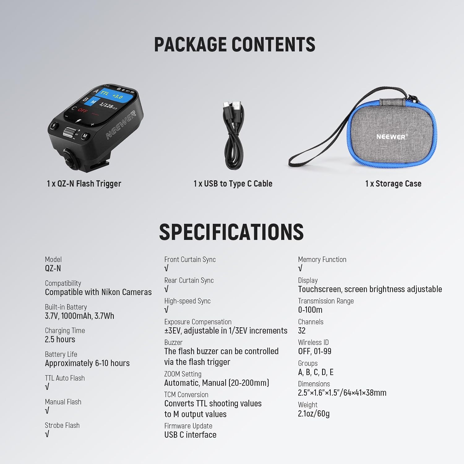 Package Contents of the NEEWER QZ-N TTL Wireless Flash Trigger for Nikon