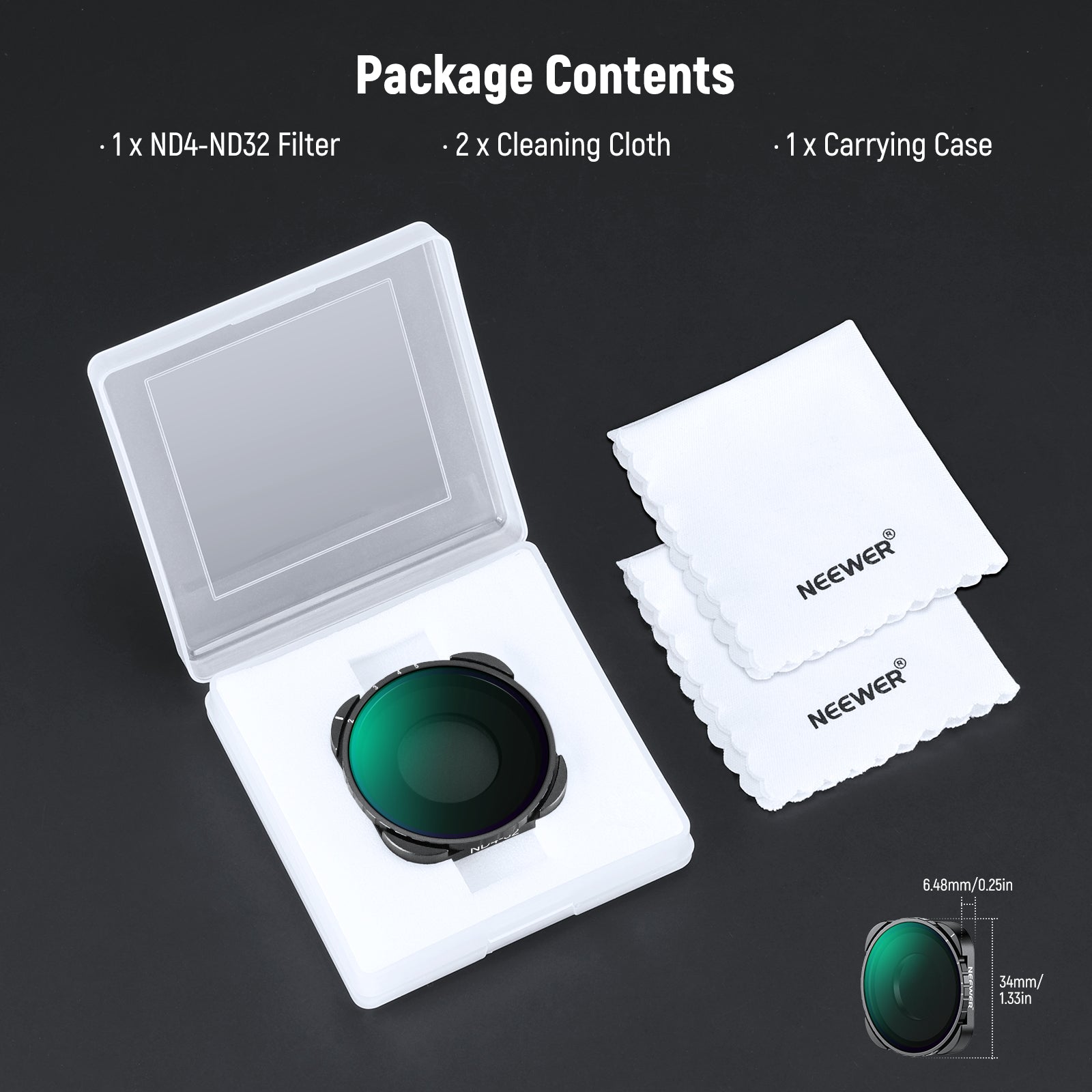 Package Contents of the NEEWER Variable ND4-ND32 Filter Kit