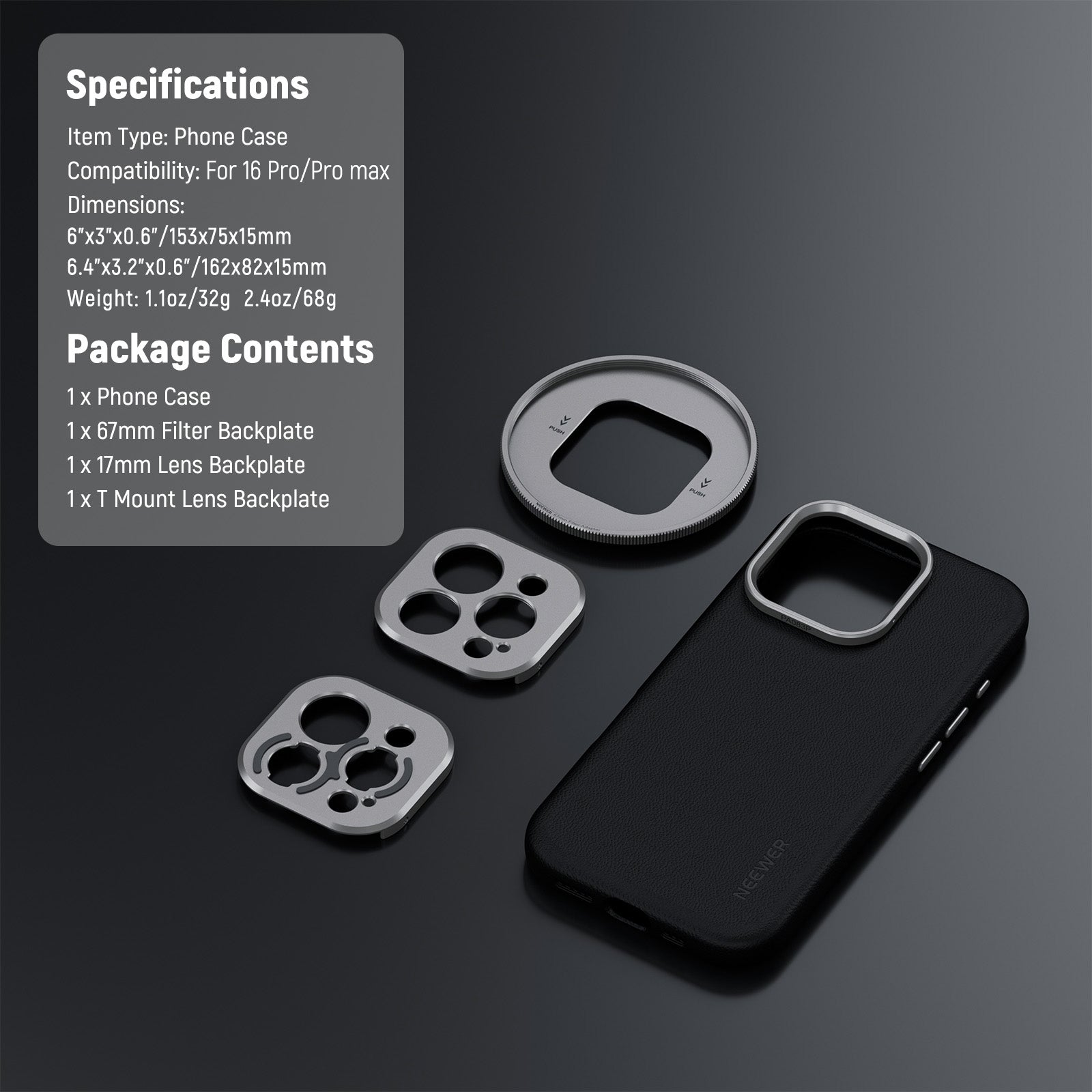 Package Contents of the NEEWER PA083P Black Case kit for iPhone 16 Pro