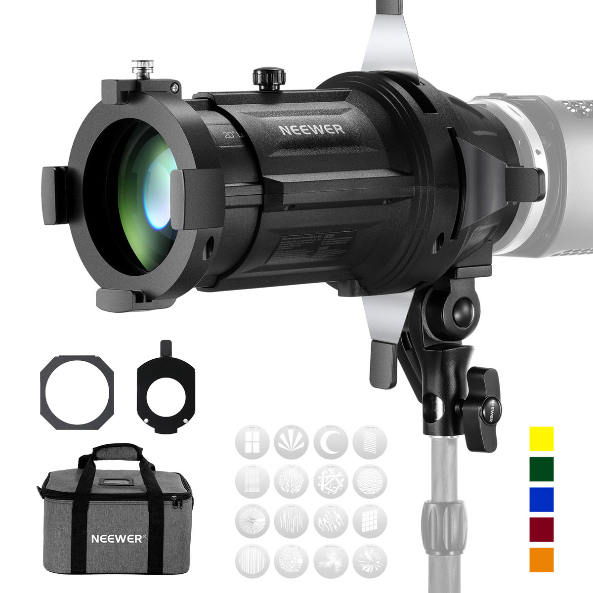 Snoot Spotlight Neewer 20&deg; - Con Gobo E Gel Colorati, Per Luci LED MS