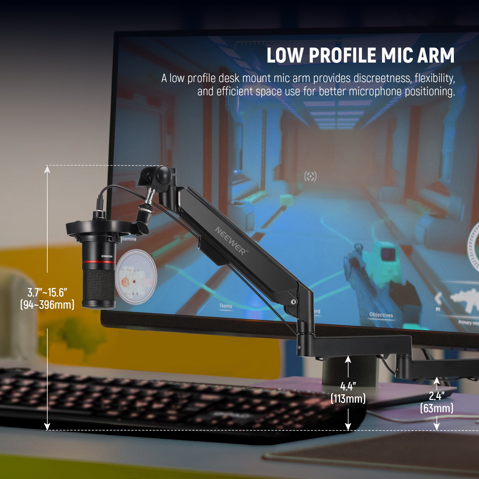 NEEWER MS002 Low Profile Mic Arm Desk Mount provides discreentness, flexibility, and efficient space use.