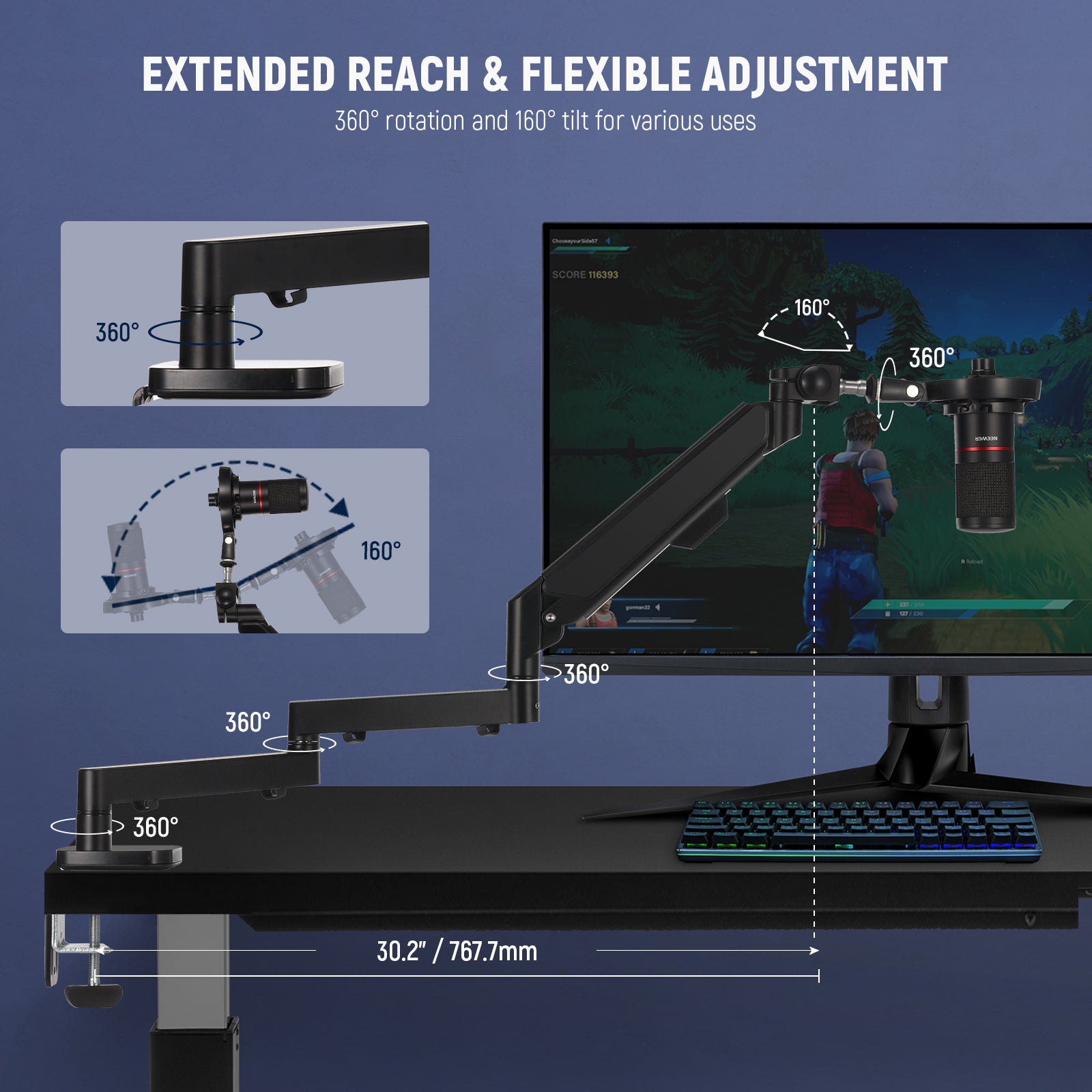 NEEWER MS002 Low Profile Mic Arm Desk Mount extends horizontally to 30.2"/76.8cm and vertically to 11.9"/30cm.
