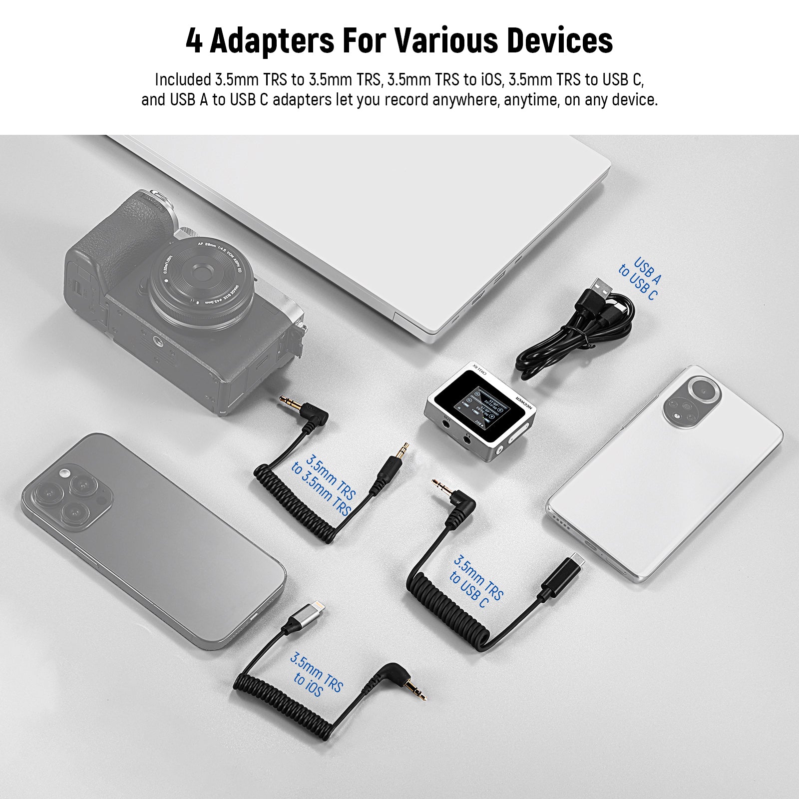 NEEWER CM31 Wireless Lavalier Microphone System includes 4 adapters for various devices.