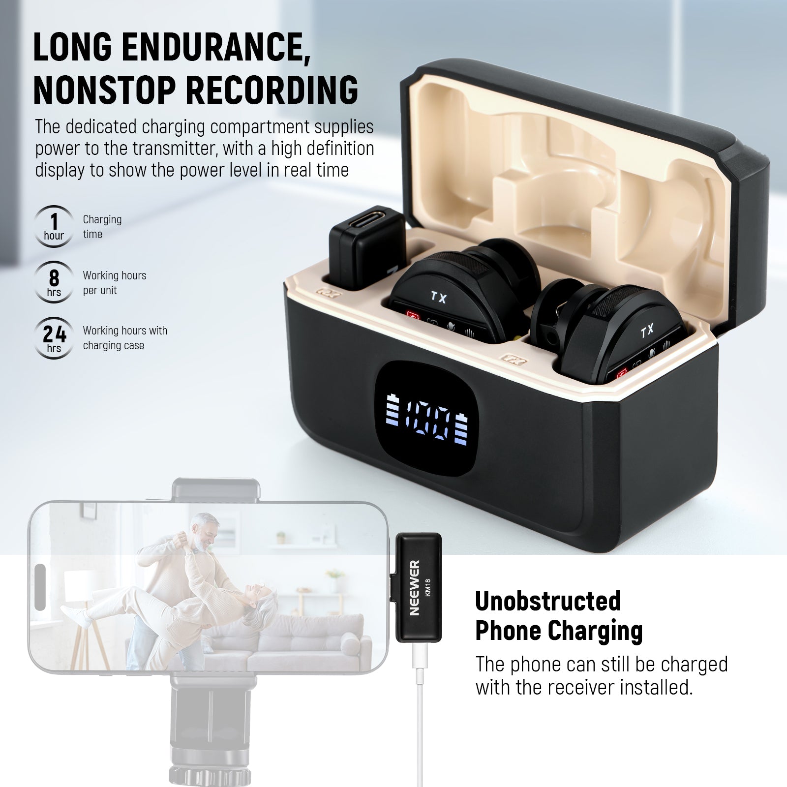 The compact charging case features an HD display showing the battery level of the transmitters.