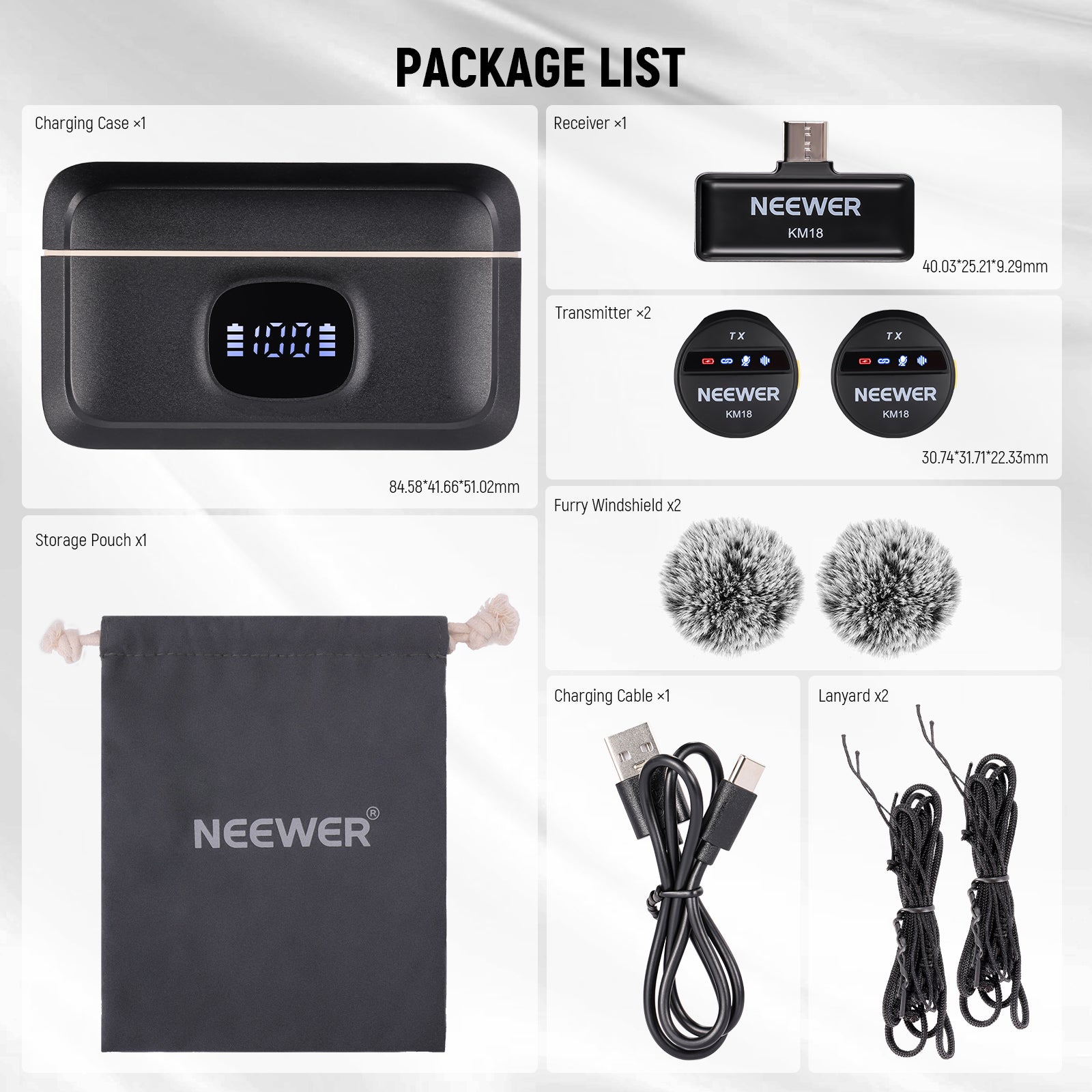 Package List of the NEEWER KM18 Wireless Button Lavalier Microphone Kit
