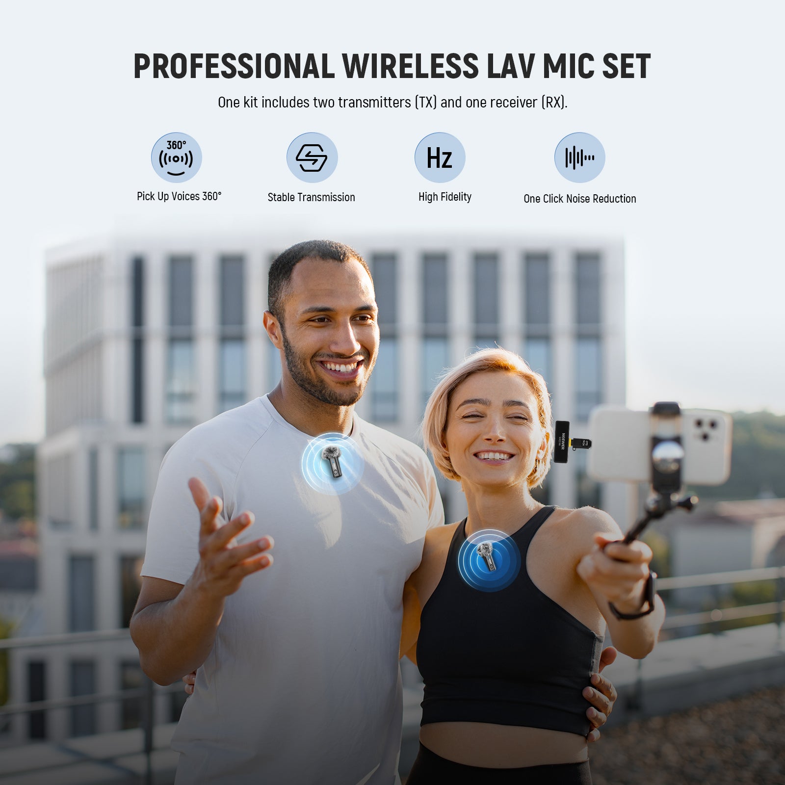 NEEWER KM23 Wireless Lavalier Microphone Kit includes two transmitters and one receiver.