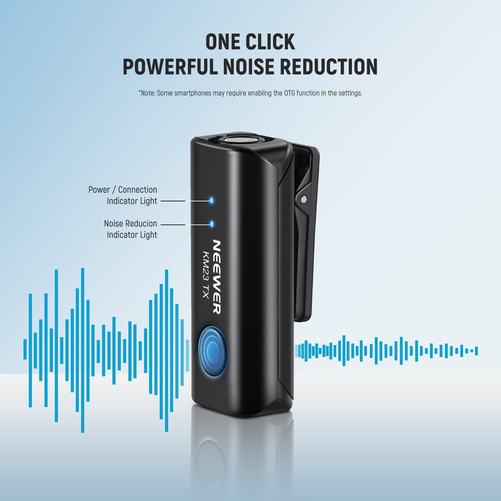 NEEWER KM23 Wireless Lavalier Microphone supports onb click noise reduction.