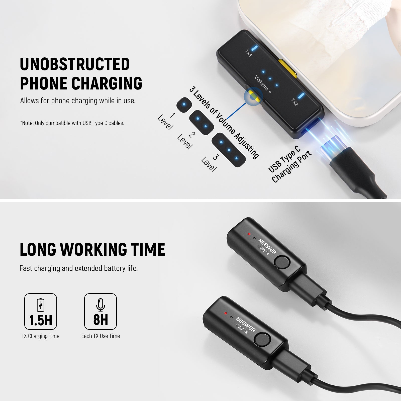 The transmitter can run for 8 hours and it takes 1.5 hours to charge TX fully.