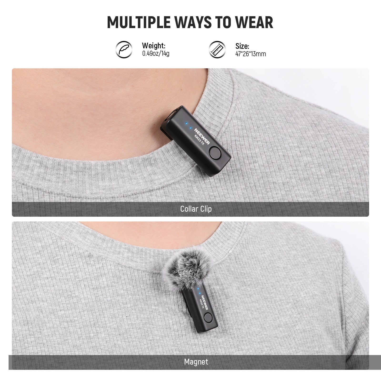 NEEWER KM23 Wireless Lavalier Microphone offers multiple ways to wear.
