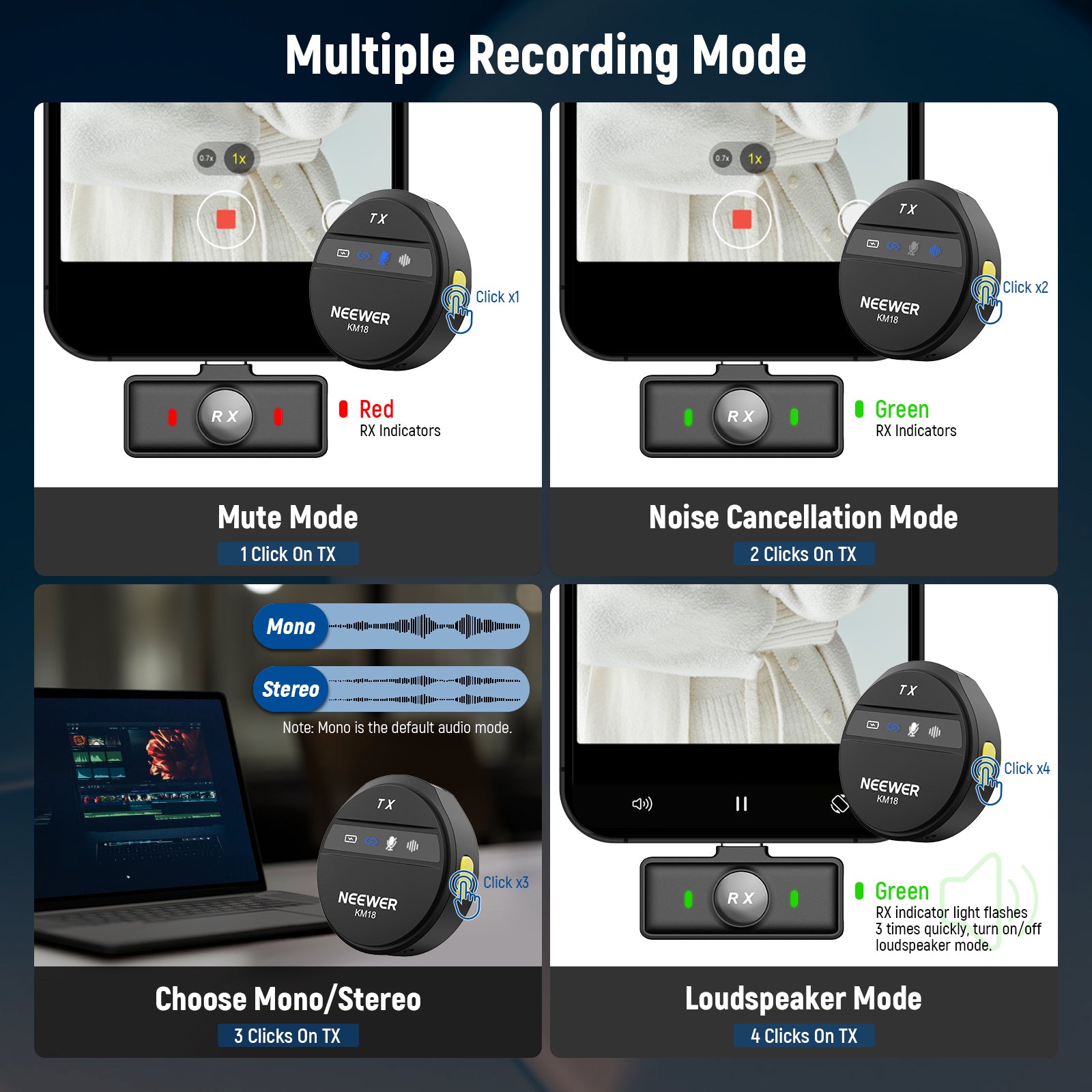 NEEWER KM18 Wireless Lavalier Lapel Mic offers multiple recording modes.