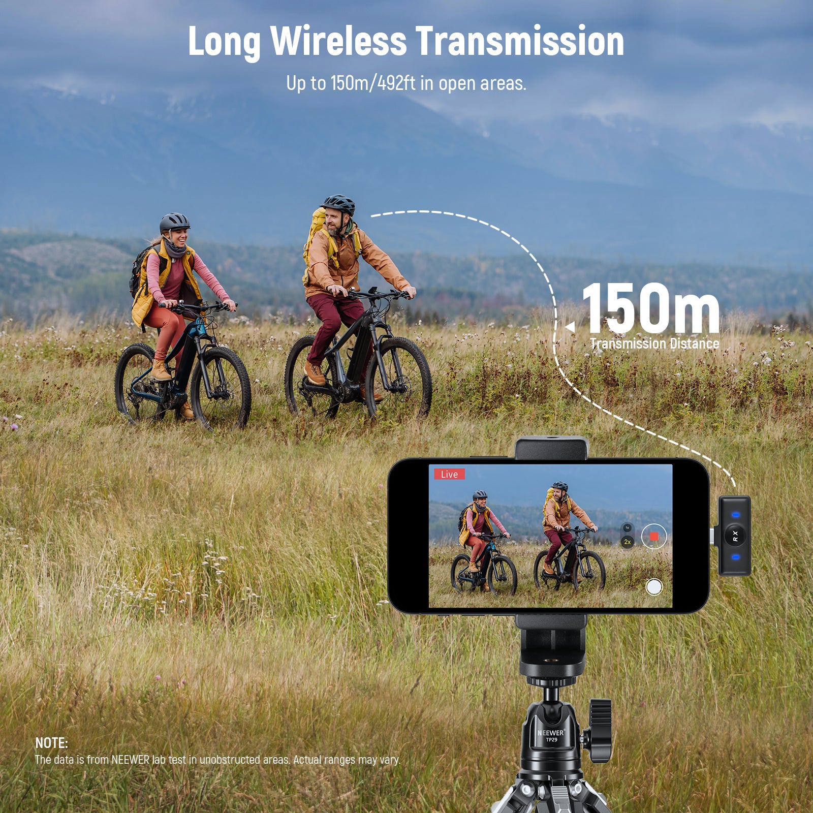 This wireless lav mic tools system offers up to 656ft forward and 82ft backward transmission in open areas.