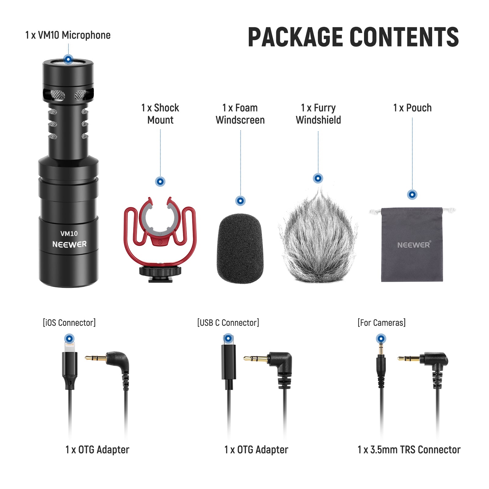 Package Contents of the NEEWER VM10 Plug & Play Vlog Microphone Kit