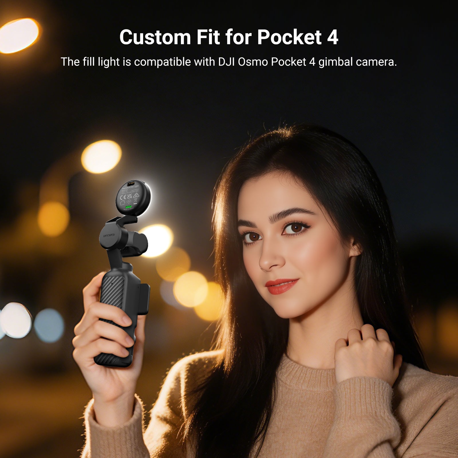 A woman takes a selfie at night using a DJI Osmo Pocket 4 with an attached NEEWER M29 Mini LED Fill Light.