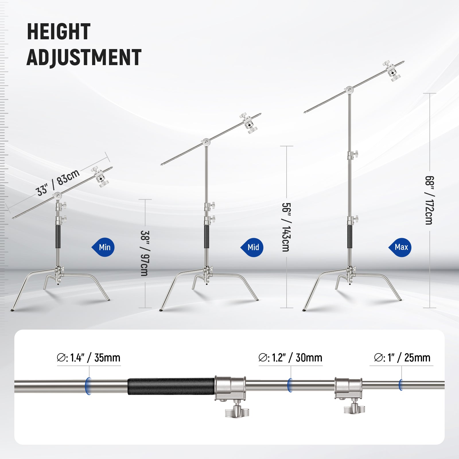 Height Adjustment Range of the NEEWER SC172 Heavy Duty C Stand