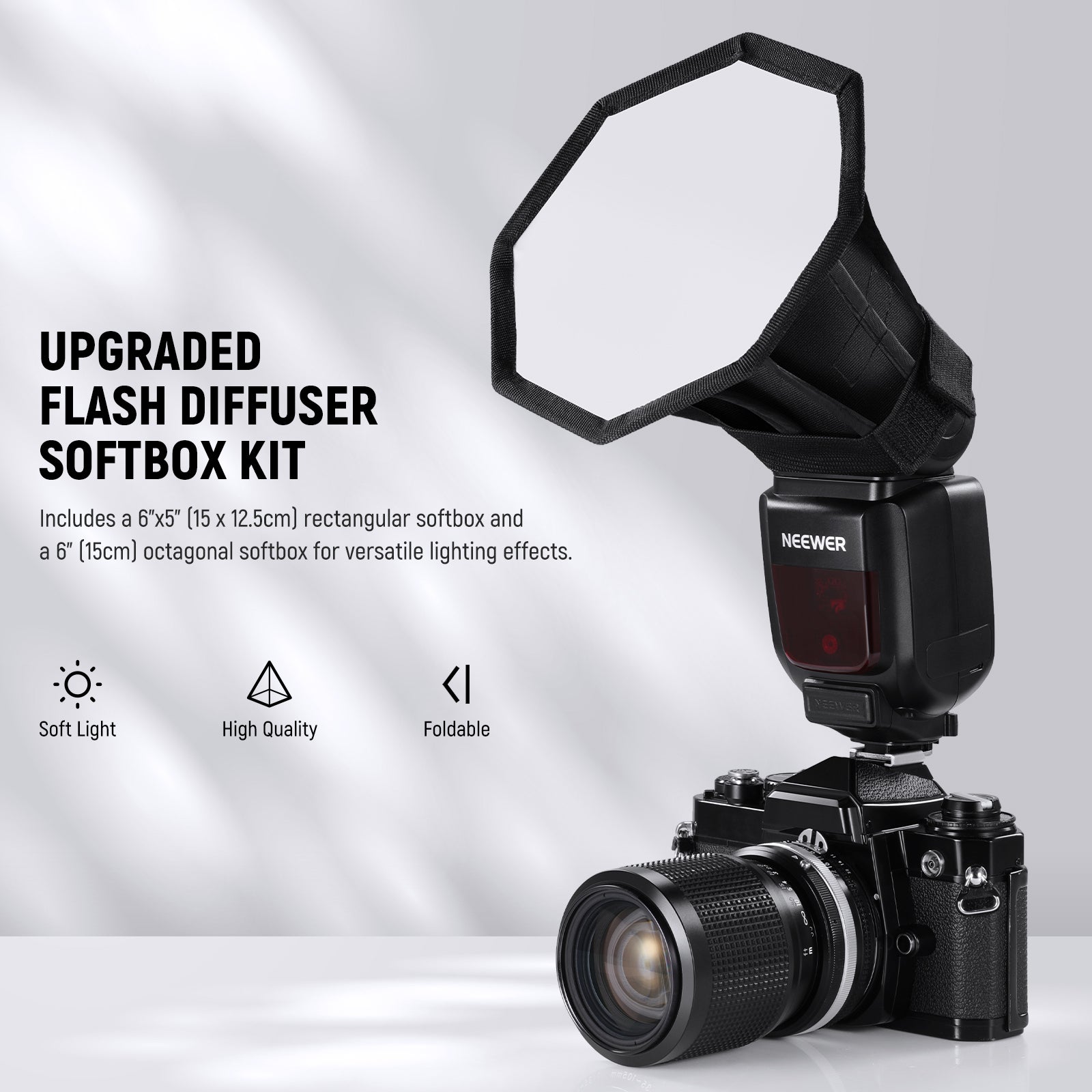 Includes a 6"x5"rectangular softbox and a 6" octagonal softbox for versatile lighting effects.