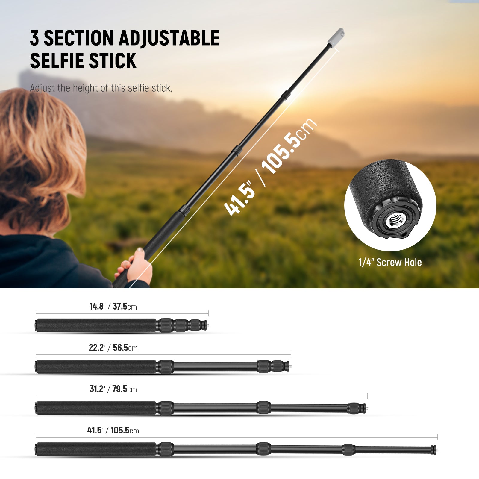 3 section adjustable selfie stick