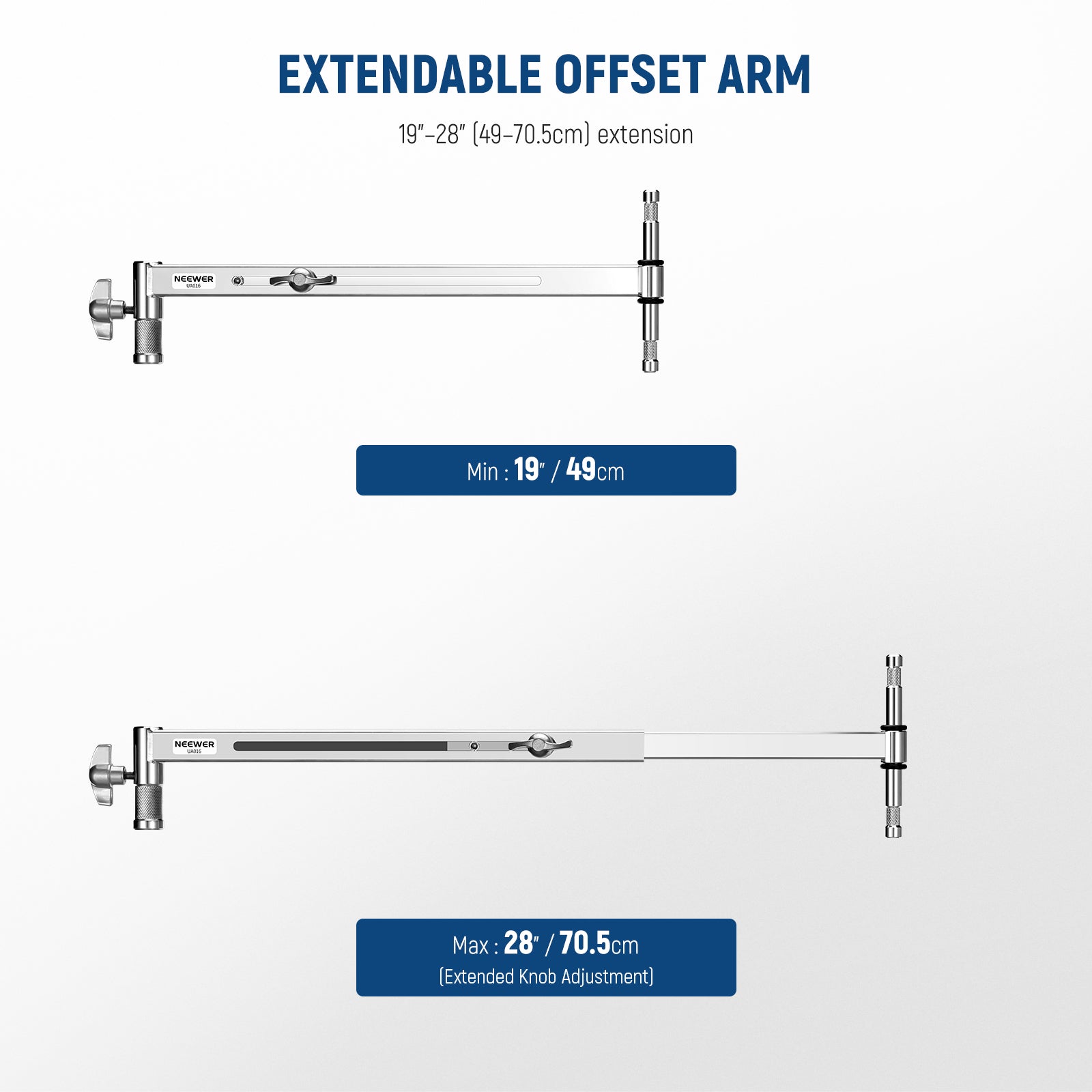 This offset arm can extend from 19" to 28"