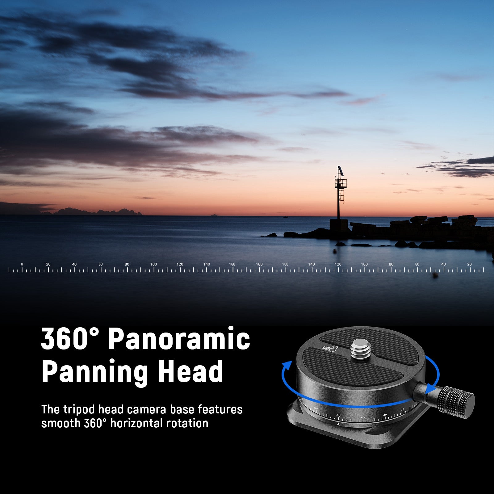 The tripod head camera base features smooth 360° horizontal rotation