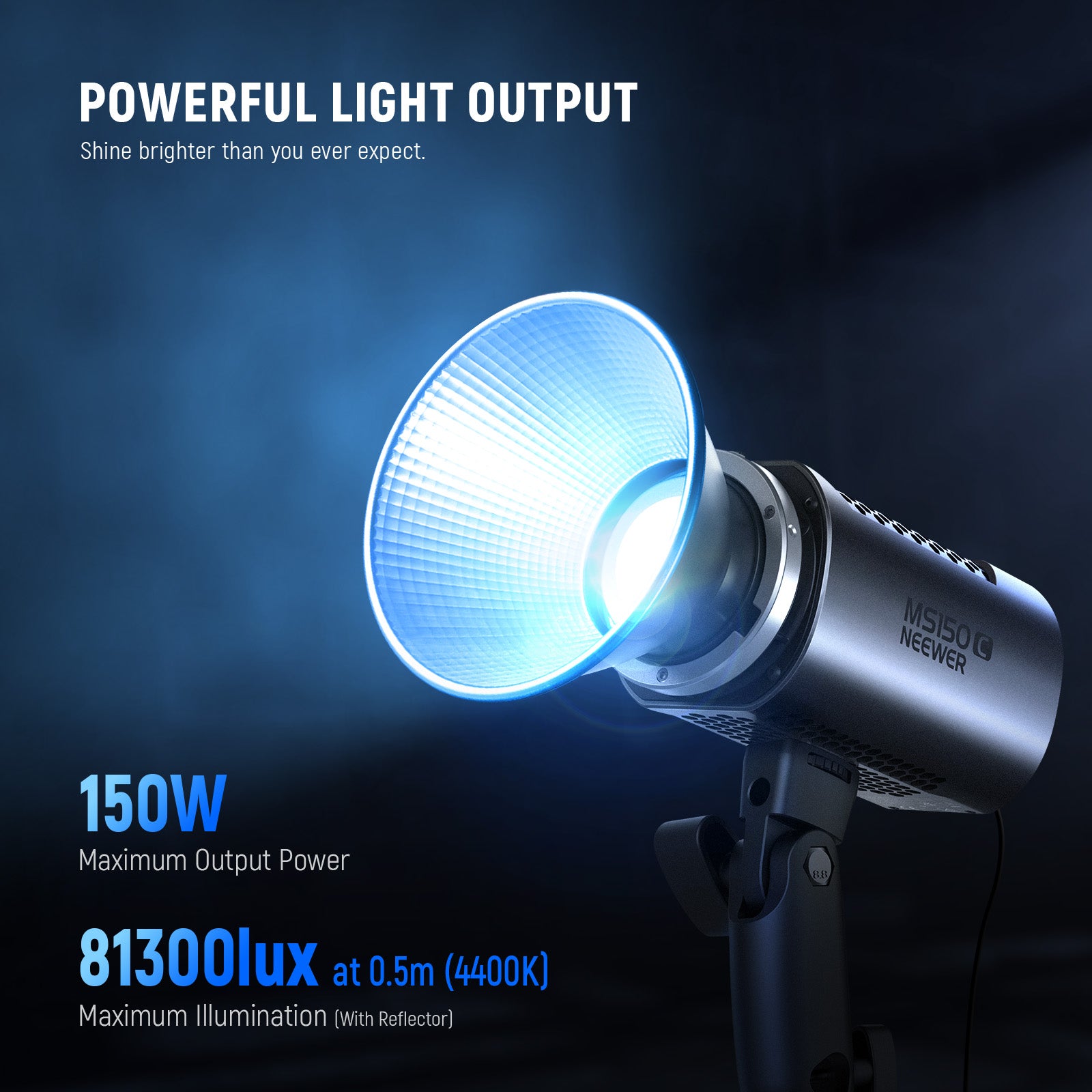 NEEWER MS150C 150W Mini RGB Light features 2700K-6500K bi color lighting, 150W output