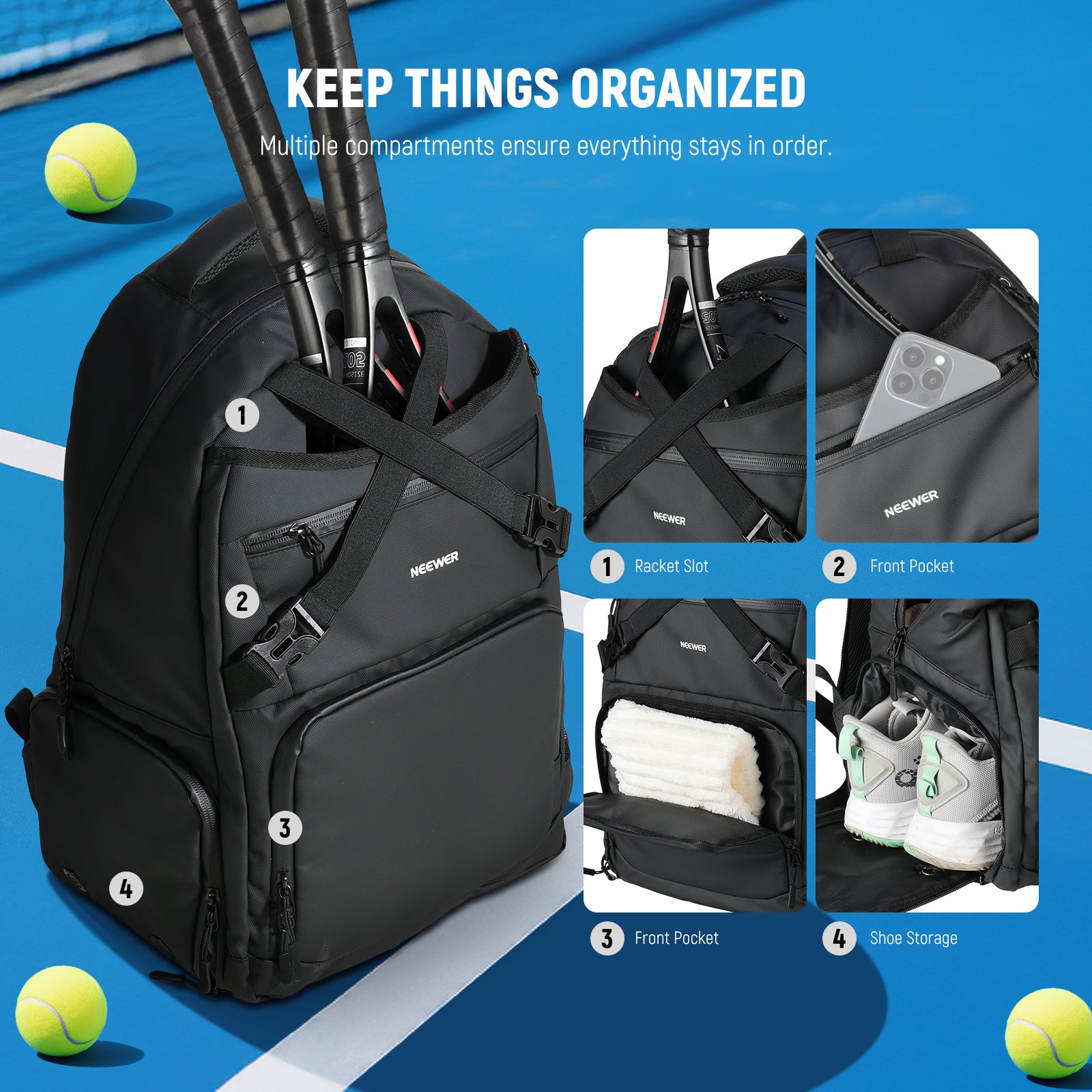 NEEWER TB02B Tennis Bag keeps things organized