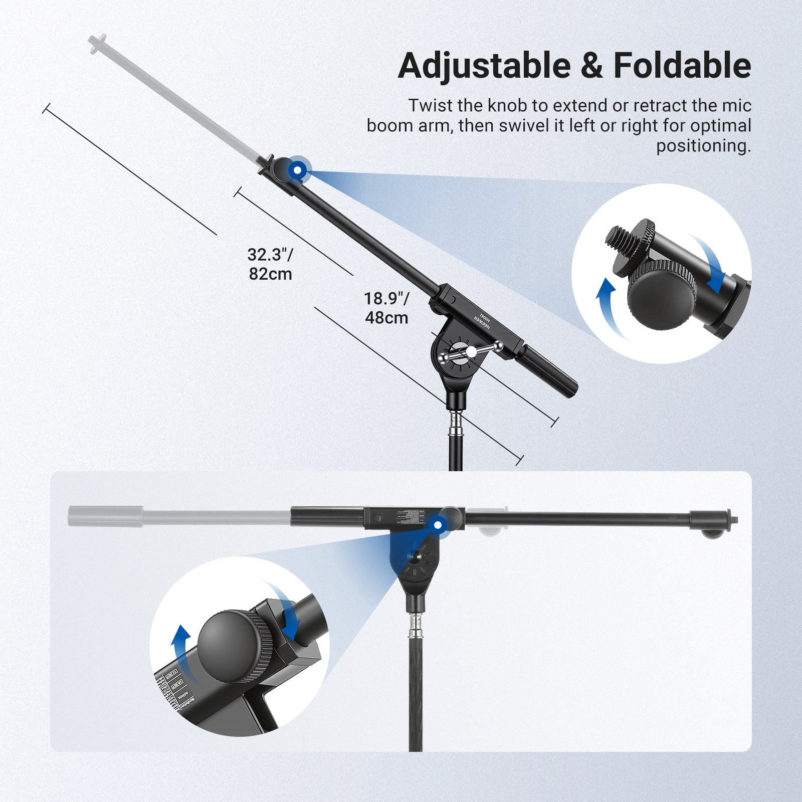 NEEWER MS041 microphone boom arm collapses to 18.9" and extends up to 32.3".
