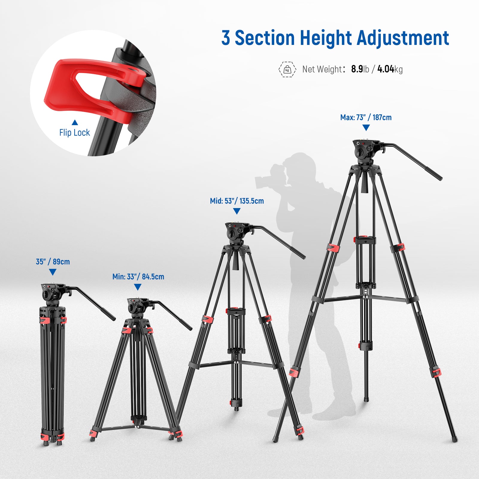 This 3 section travel tripod for camera features plastic buckles for quick height adjustment