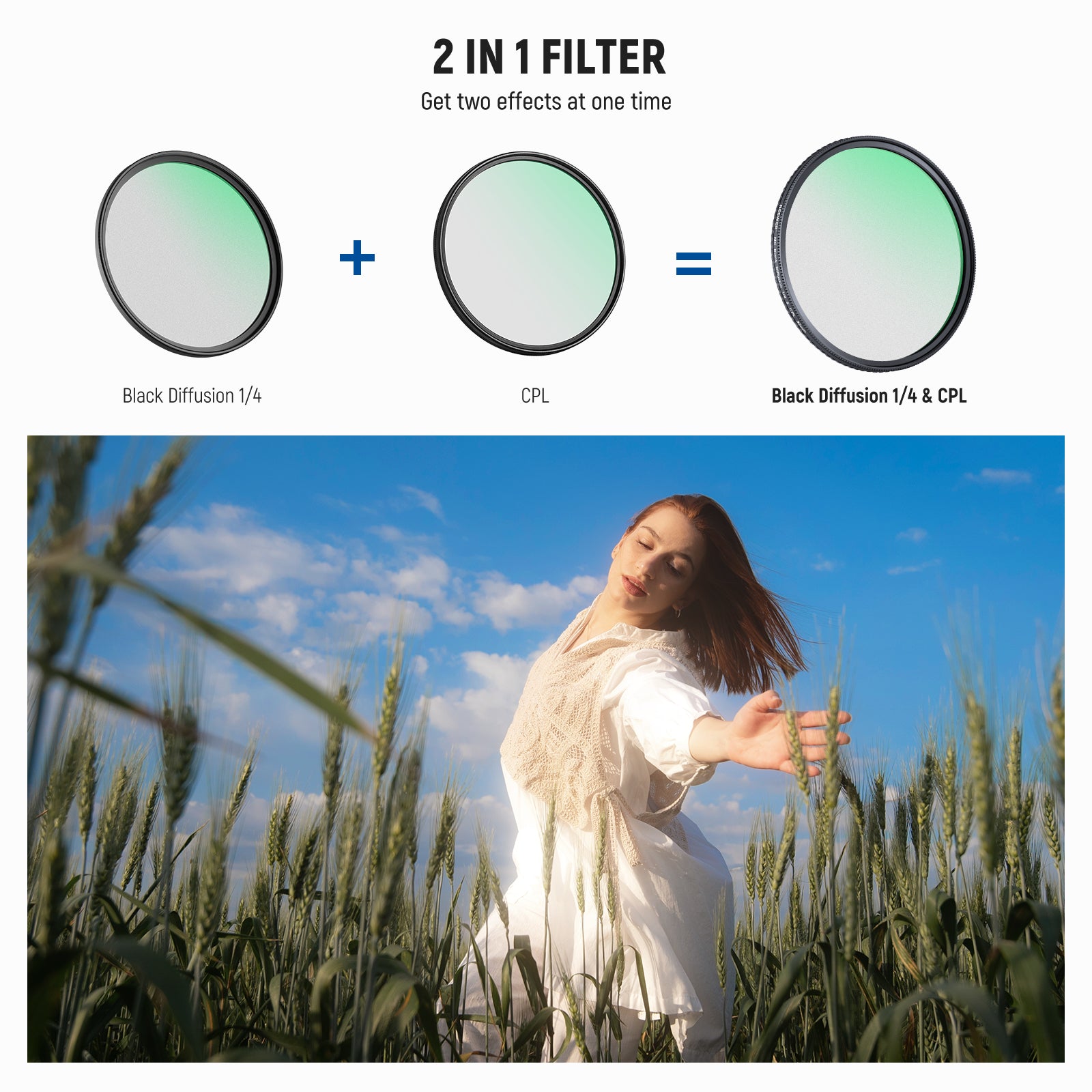 This versatile, 2 in 1 CPL + black diffusion 1/4 filter is designed for professional photography