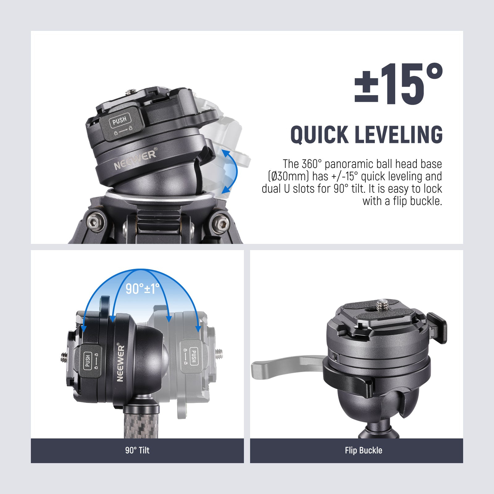 The 360° panoramic ball head base (⌀30mm) allows a +/-15° quick leveling